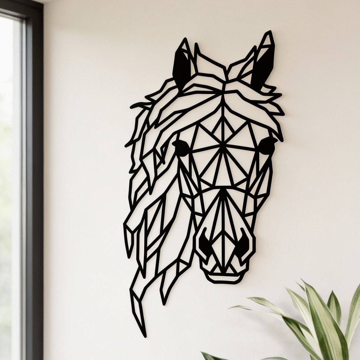 The Geometric Horse Head Wall Art on a Cream Coloured Living Room Interior - Digital Illustration 
