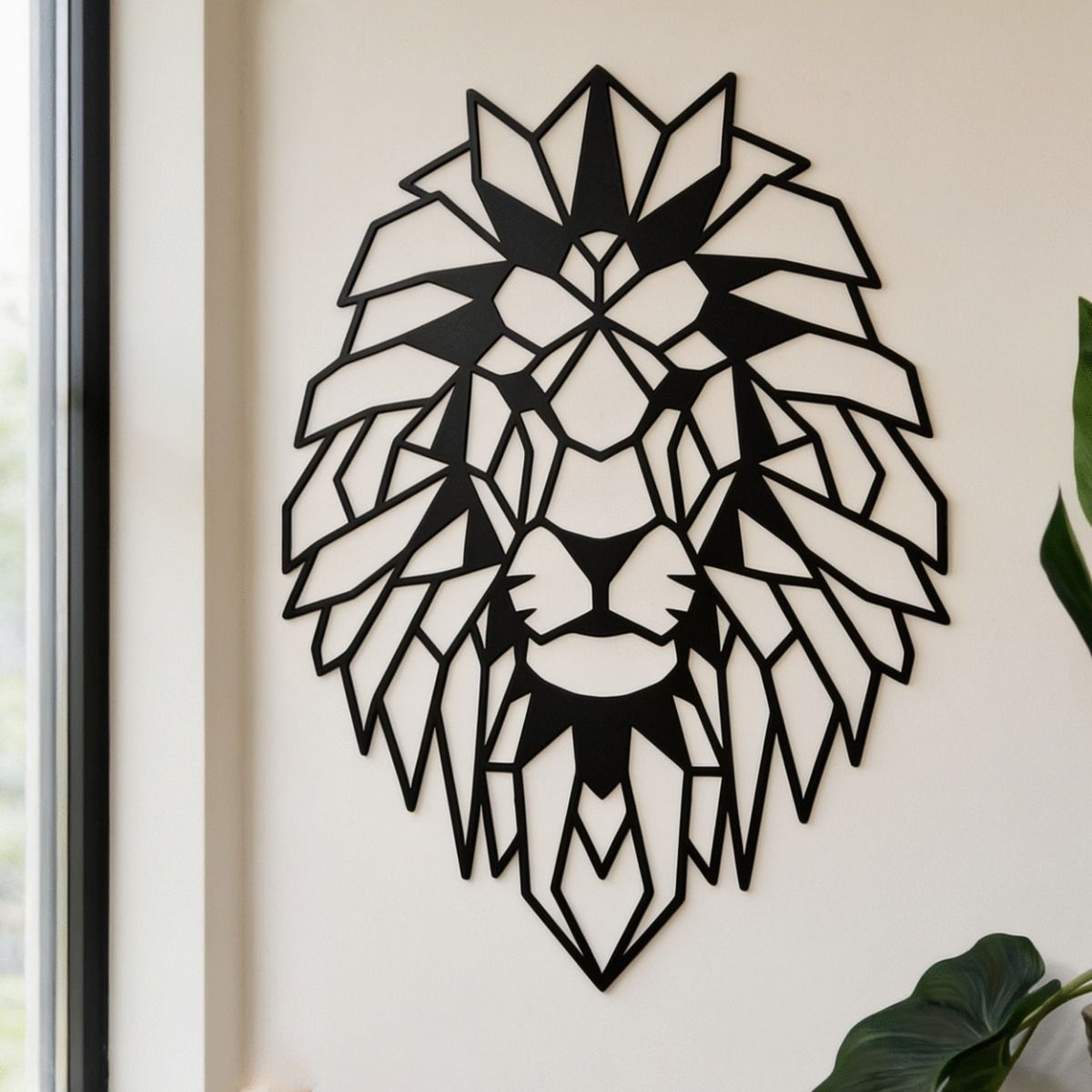 The Geometric Lion Steel Wall Art next to a Living Room Window and House Plant in a Modern Home - Digital Illustration