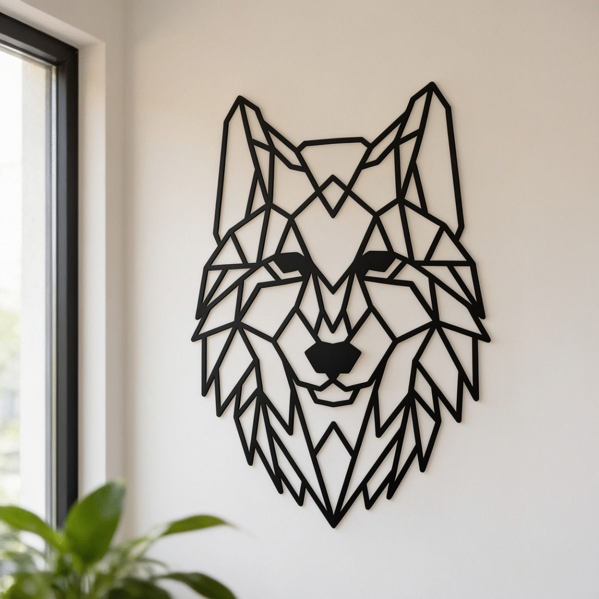 The Geometric Steel Wolf Wall Art Set on a Magnolia Coloured Living Room Wall - Digital Illustration 
