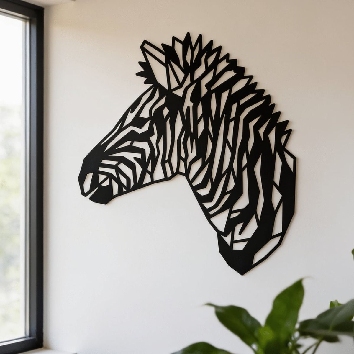 The Geometric Zebra Head Wall Art on a Magnolia Coloured Wall in a Contemporary Home - Digital Illustration