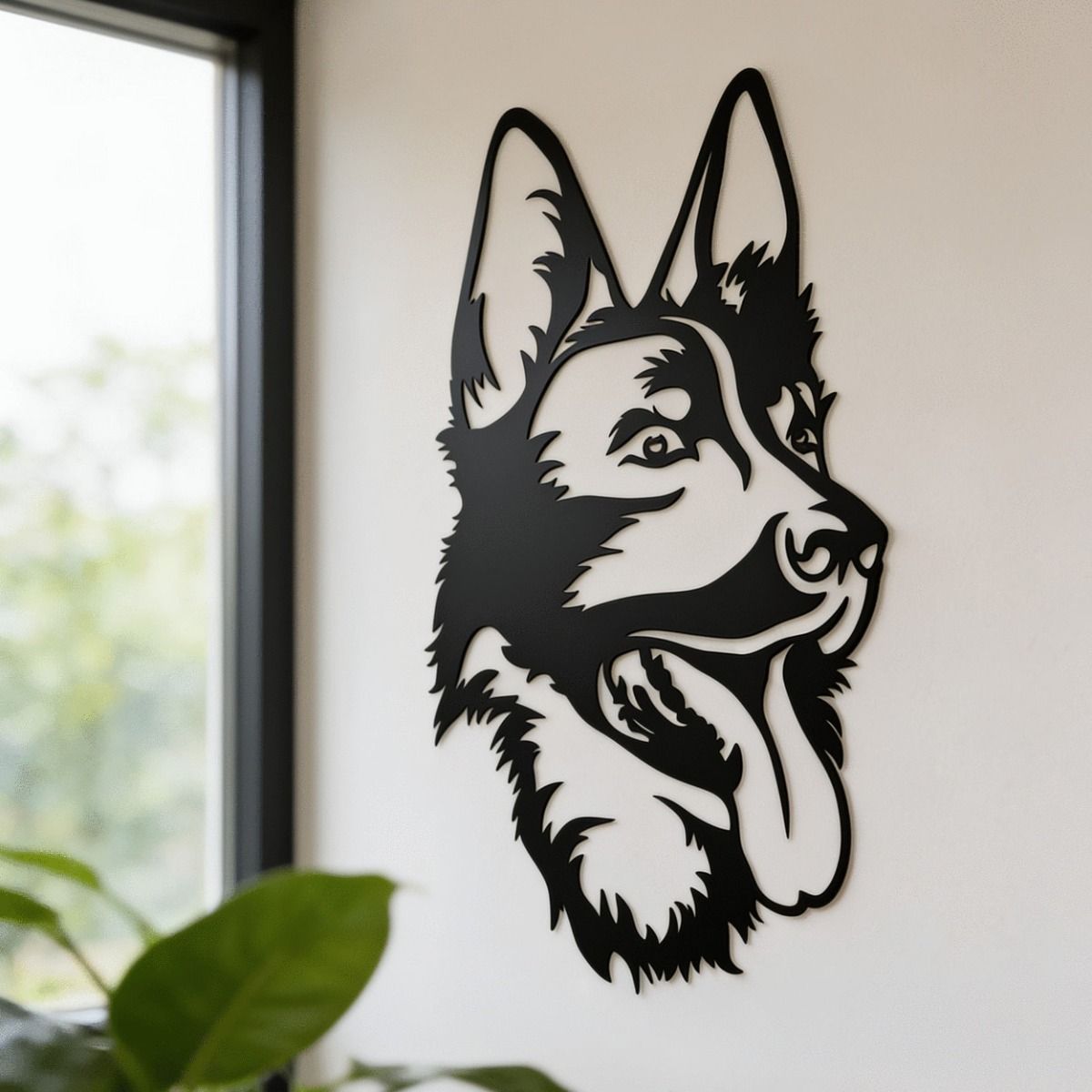 The German Shepherd Steel Wall Art in a Well Lit Living Room next to a Window - Digital Illustration 