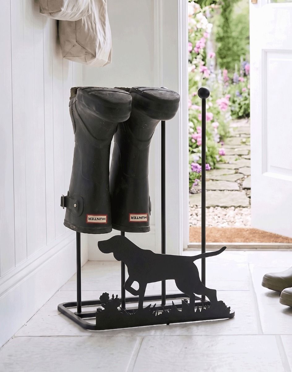 The German Shorthaired Pointer Steel Boot Rack on a Stone Tile Cottage Hallway Entrance - Digital Illustration