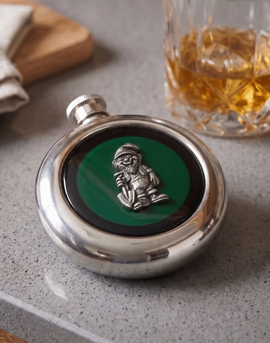 The Gnome Whiskey Flask next to a Glass Tumbler with Whiskey - Digital Illustration