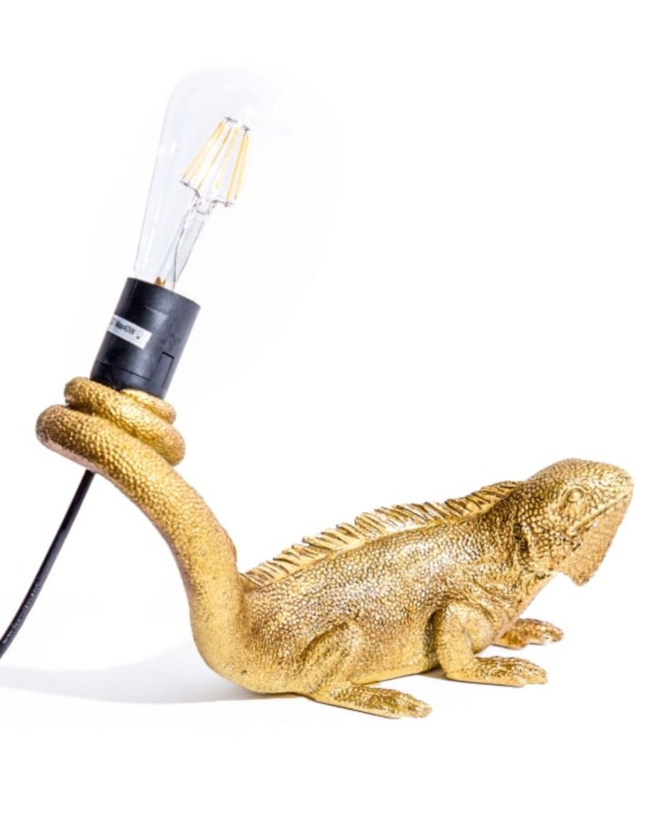 The Gold "Arboreal Guardian" Iguana Wall Light Shown Laid on a Flat Surface instead of Mounted on a Wall