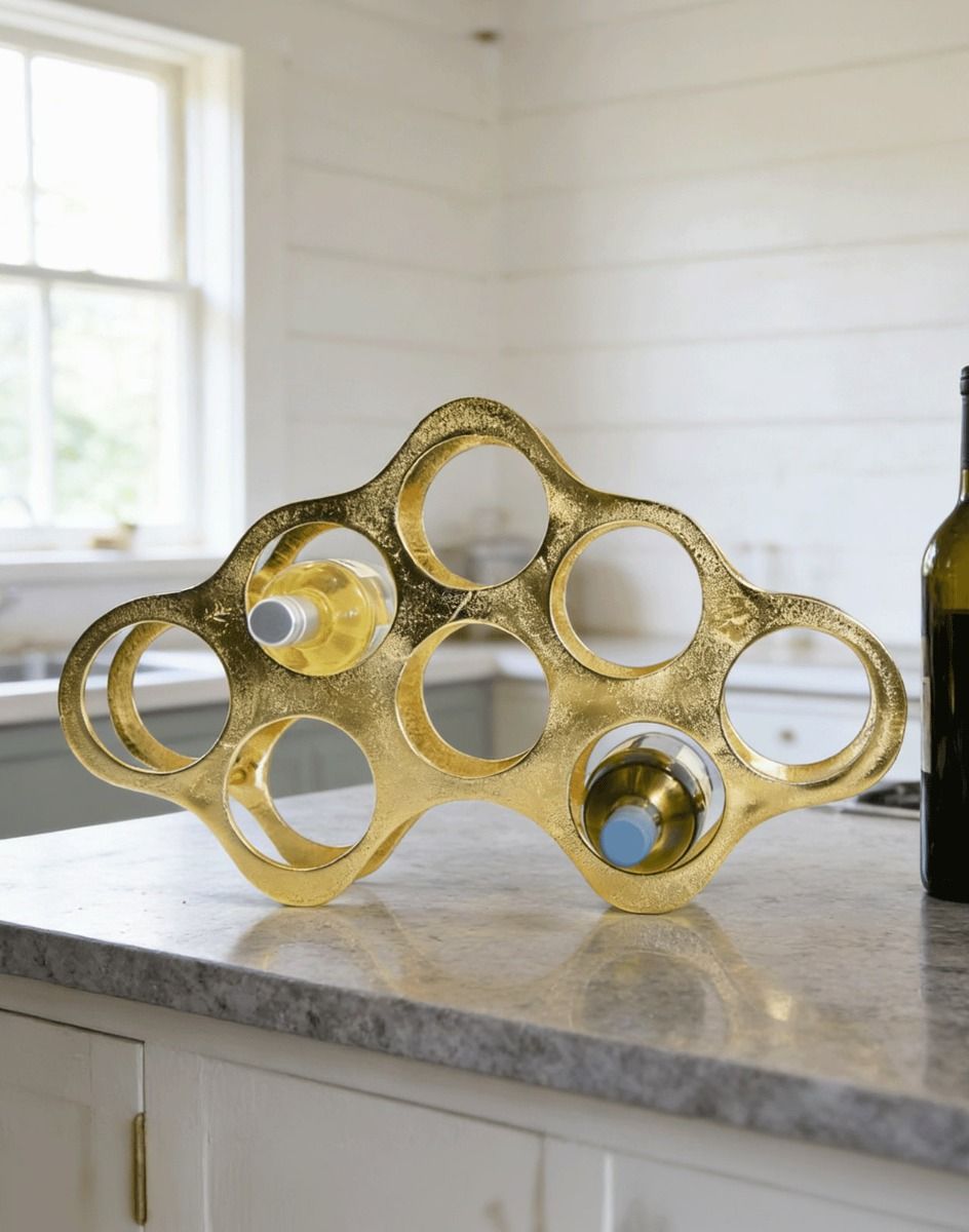 The Gold "Cloud" Wine Rack on a Marble Effect Modern Kitchen Countertop - Digital Illustration 