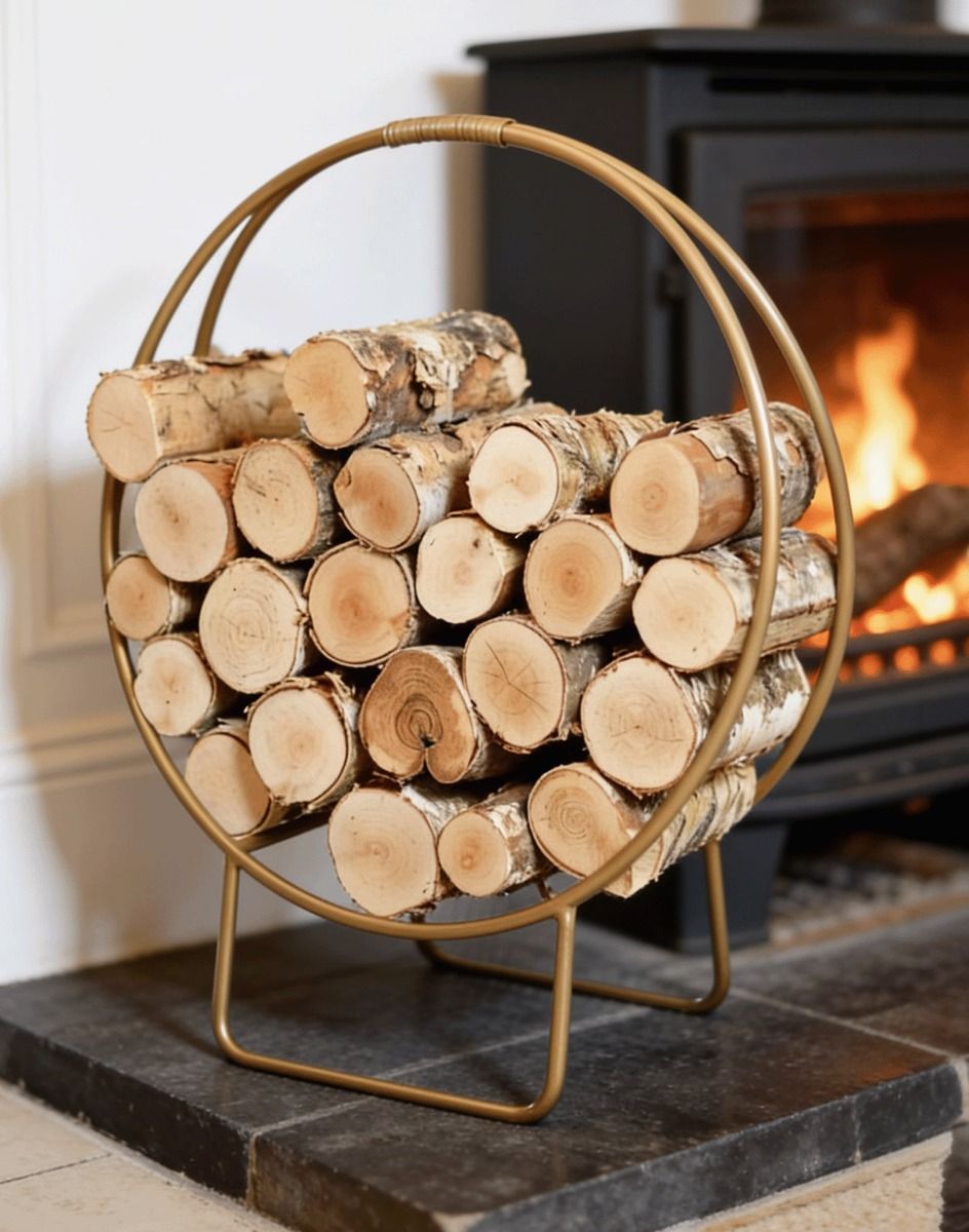 The Gold Finish Circular Log Rack & Holder Positioned next to a Log Burner Stove in a Country Cottage - Digital Illustration