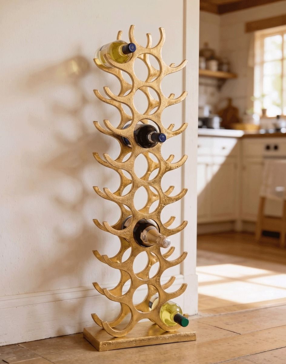 The Gold "Napa Valley" 27 Bottle Wine Rack on a Wooden Floor in a Sunny Country Kitchen - Digital Illustration
