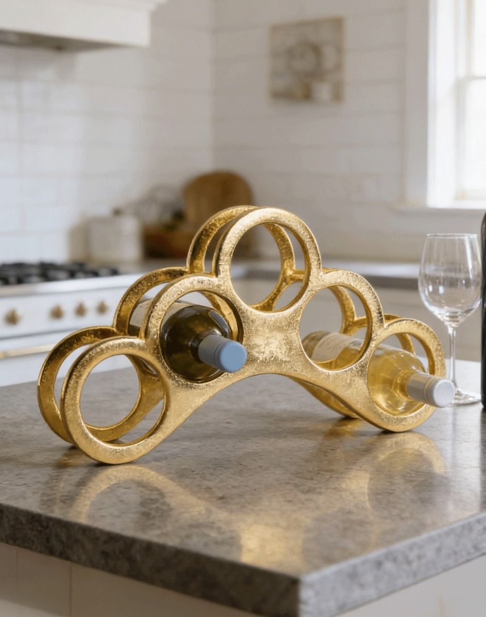 The Gold "The Arch" Wine Rack Displayed with Wine Bottles on a Modern Kitchen Island - Digital Illustration