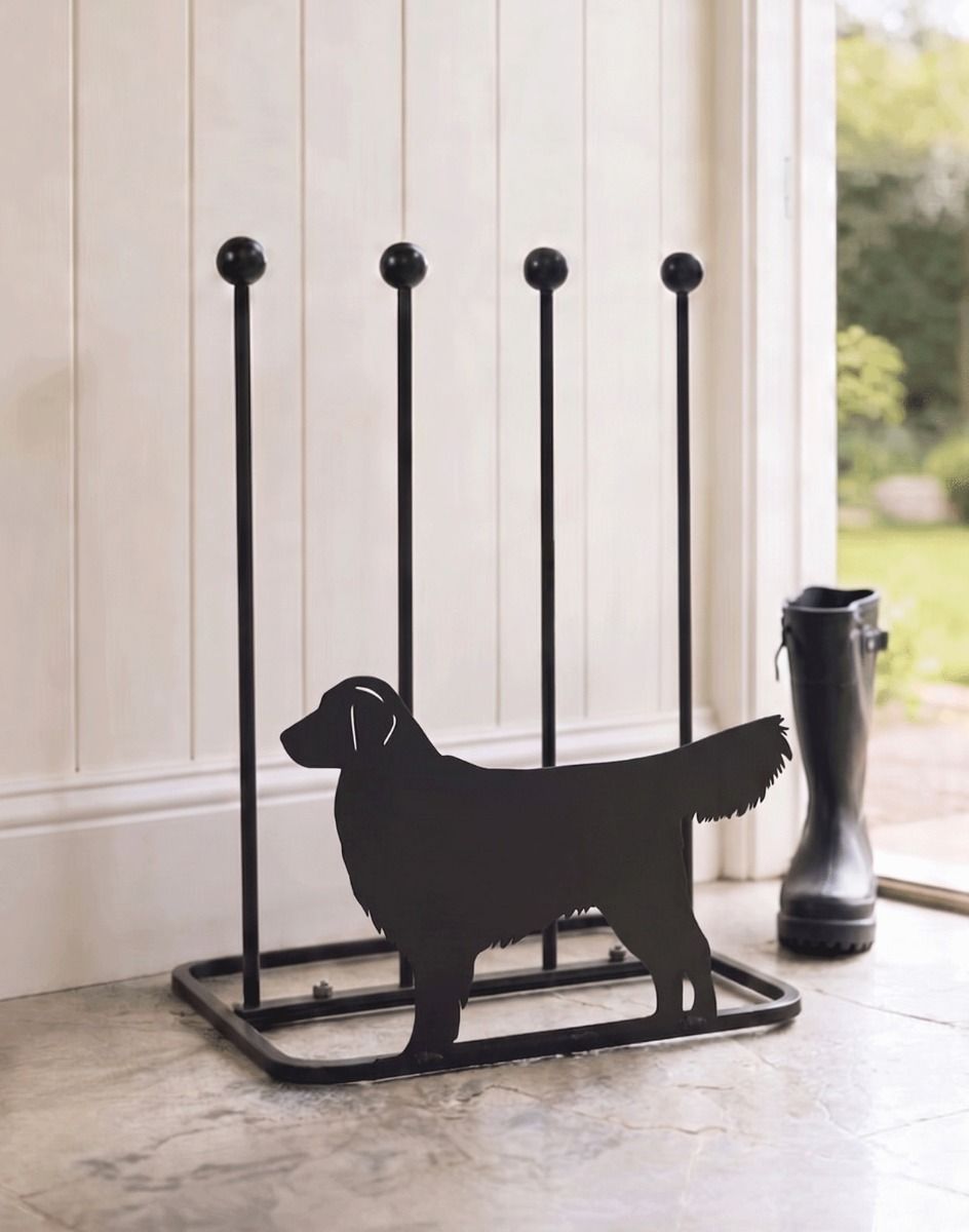 The Golden Retriever Welly Boot Rack Placed on a Stone Tiled Cottage Porch Entrance - Digital Illustration 