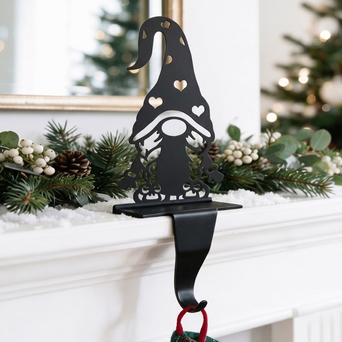 The Gonk with Heart Hat Stocking Holder on a Snow Decorated Mantelpiece - Digital Illustration 