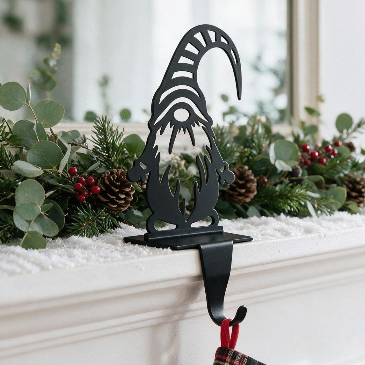 The Gonk with Striped Hat Stocking Holder on a Mantelpiece Decorated with Christmas Decorations - Digital Illustration 