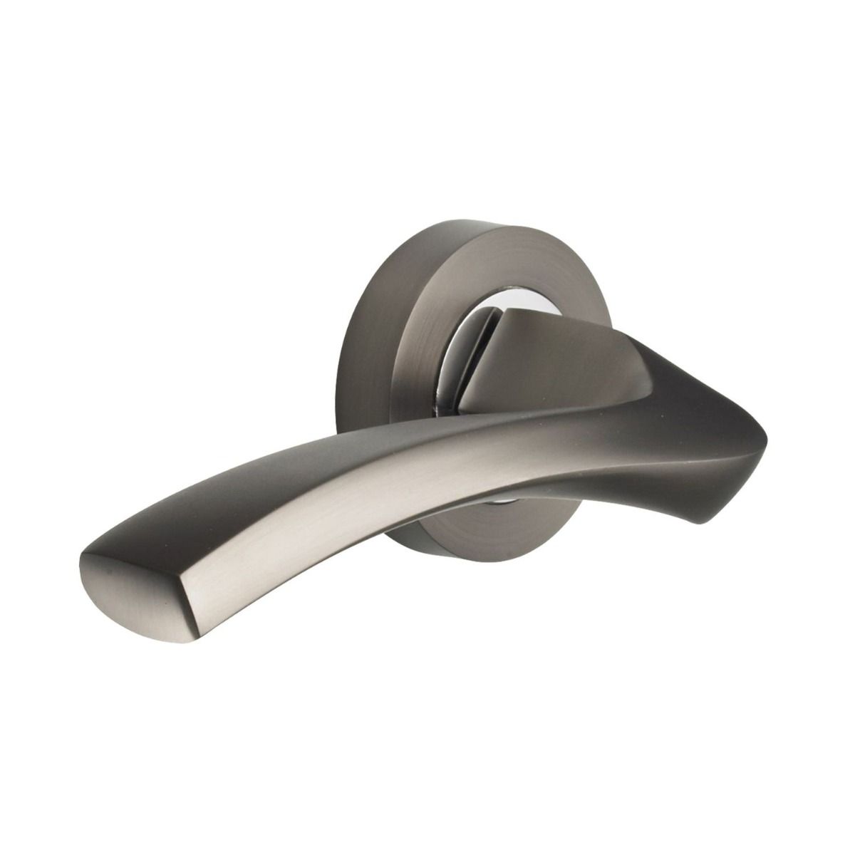 The Graphite Grey Round Rose Door Handles - Arched Flat-Top Lever Pair on a White Background