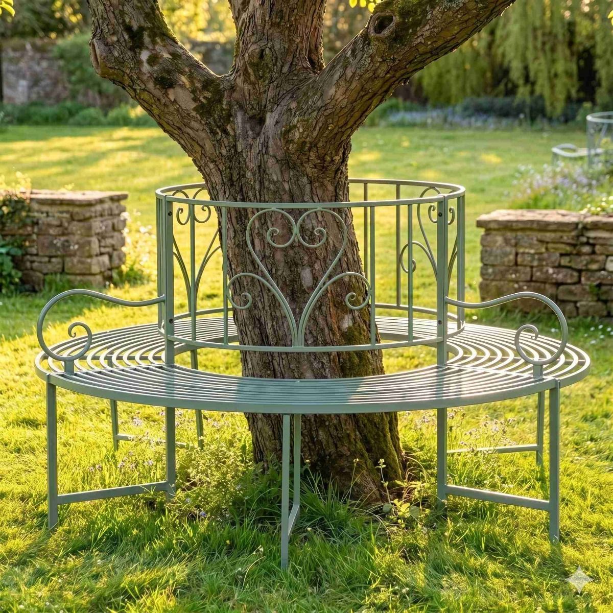 The Green "Averley" Circular Wrap-Around Garden Tree Bench at the Base of a Tree in a Walled Garden - Digital Illustration 