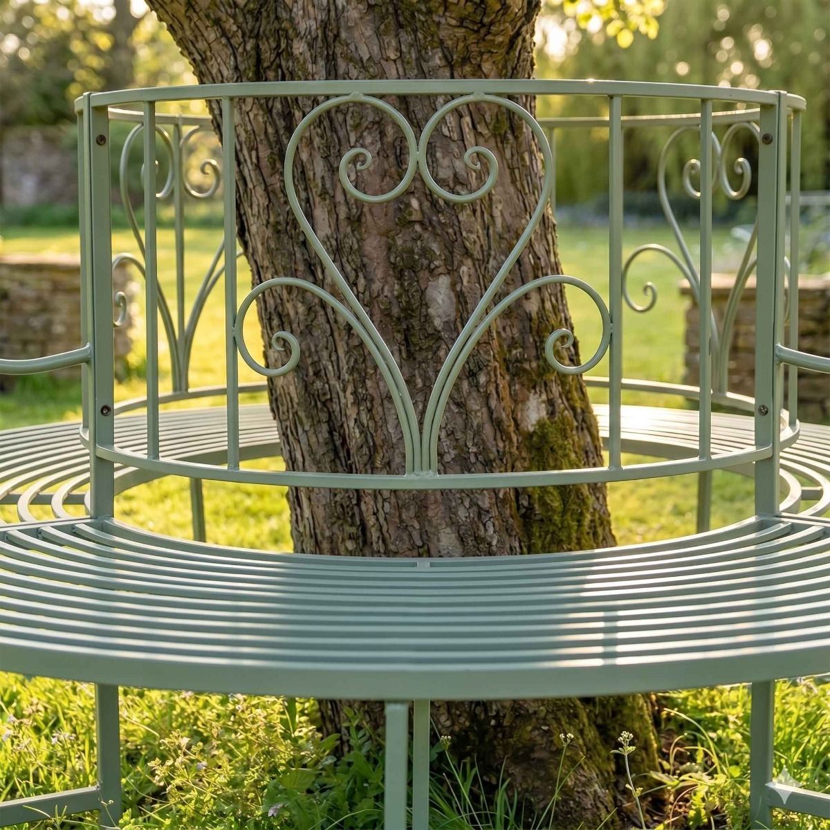 The Green "Averley" Circular Wrap-Around Garden Tree Bench Showing a Close up of the Front of the bench - Digital Illustration 