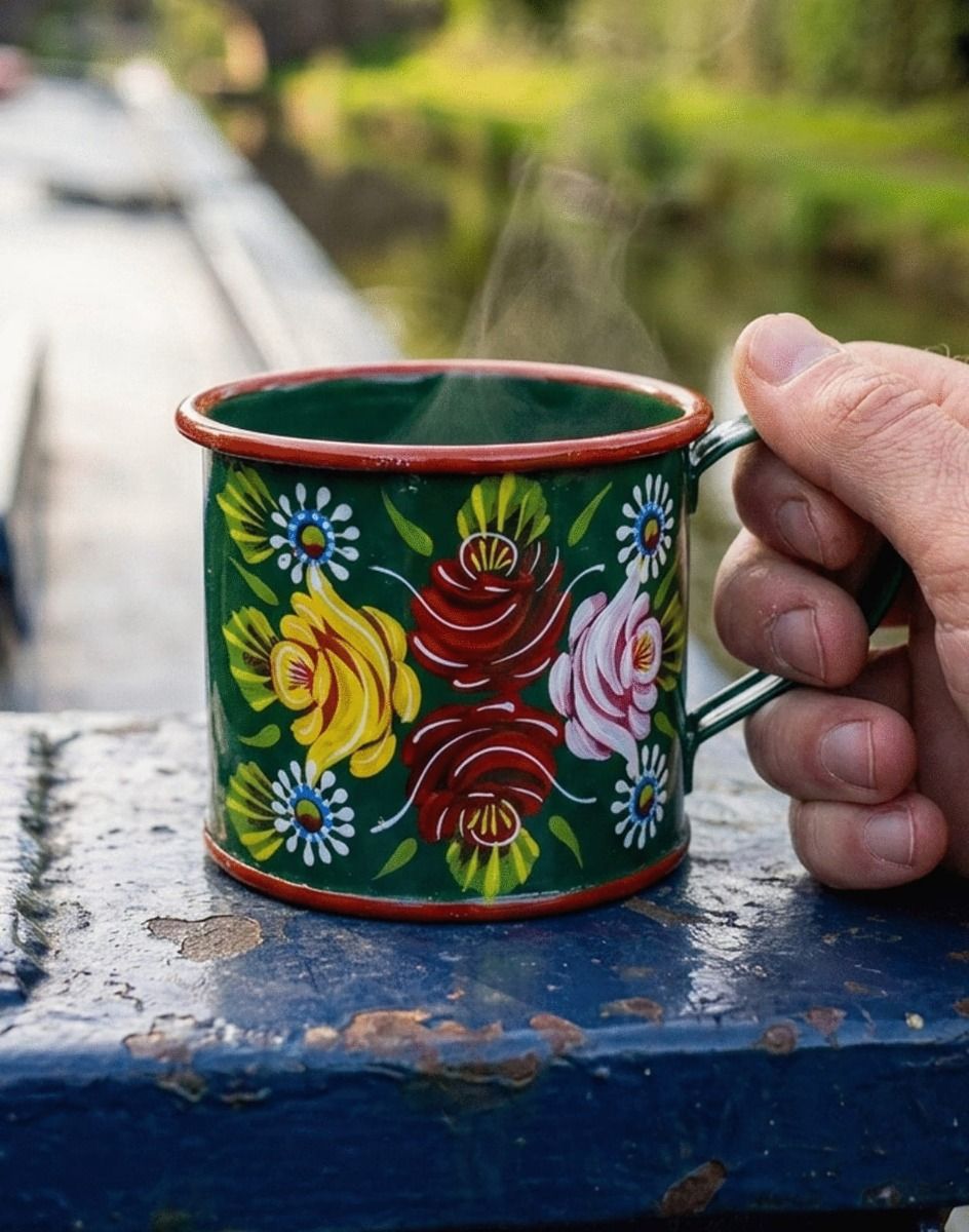 The Green Buckby Narrowboat Style Hand Painted Mug Shown with a Hot Drink InSide on a Cool Day Outside - Digital Illustration 