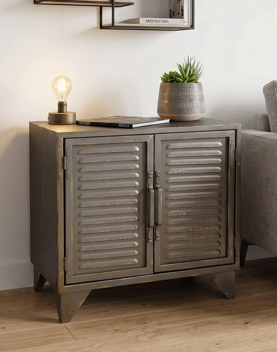 The Grey Metal Industrial Cabinet in a Living Room next to a Sofa - Digital Illustration