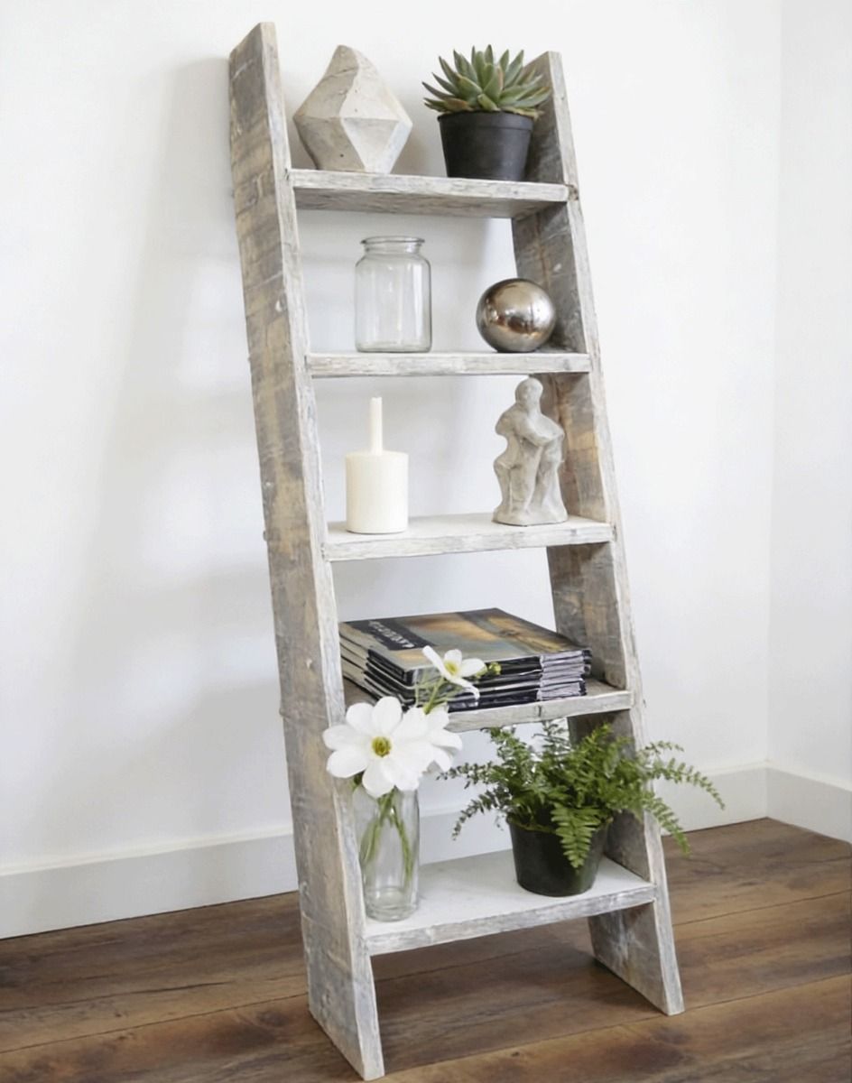 The Grey Wooden Decorative Ladder with a Collection of Keepsakes Displayed in a Living Room Interior - Digital Illustration 
