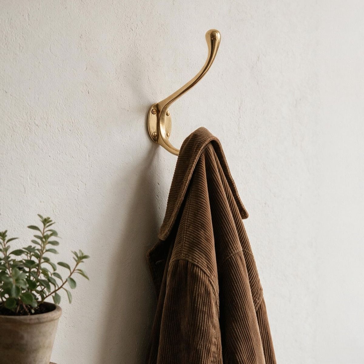 The "Hackenly Park" Brass Hook in an Entrance Hallway with a Coat on it - Digital Illustration 