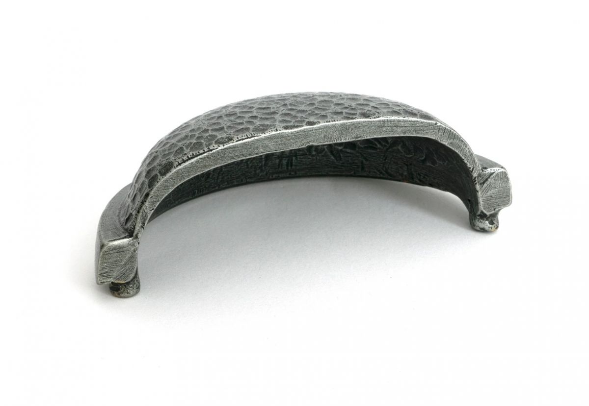 The Hammered "Stratford" Traditional Cup Handle in a Pewter Finish on a White Background Shown from the Underneath