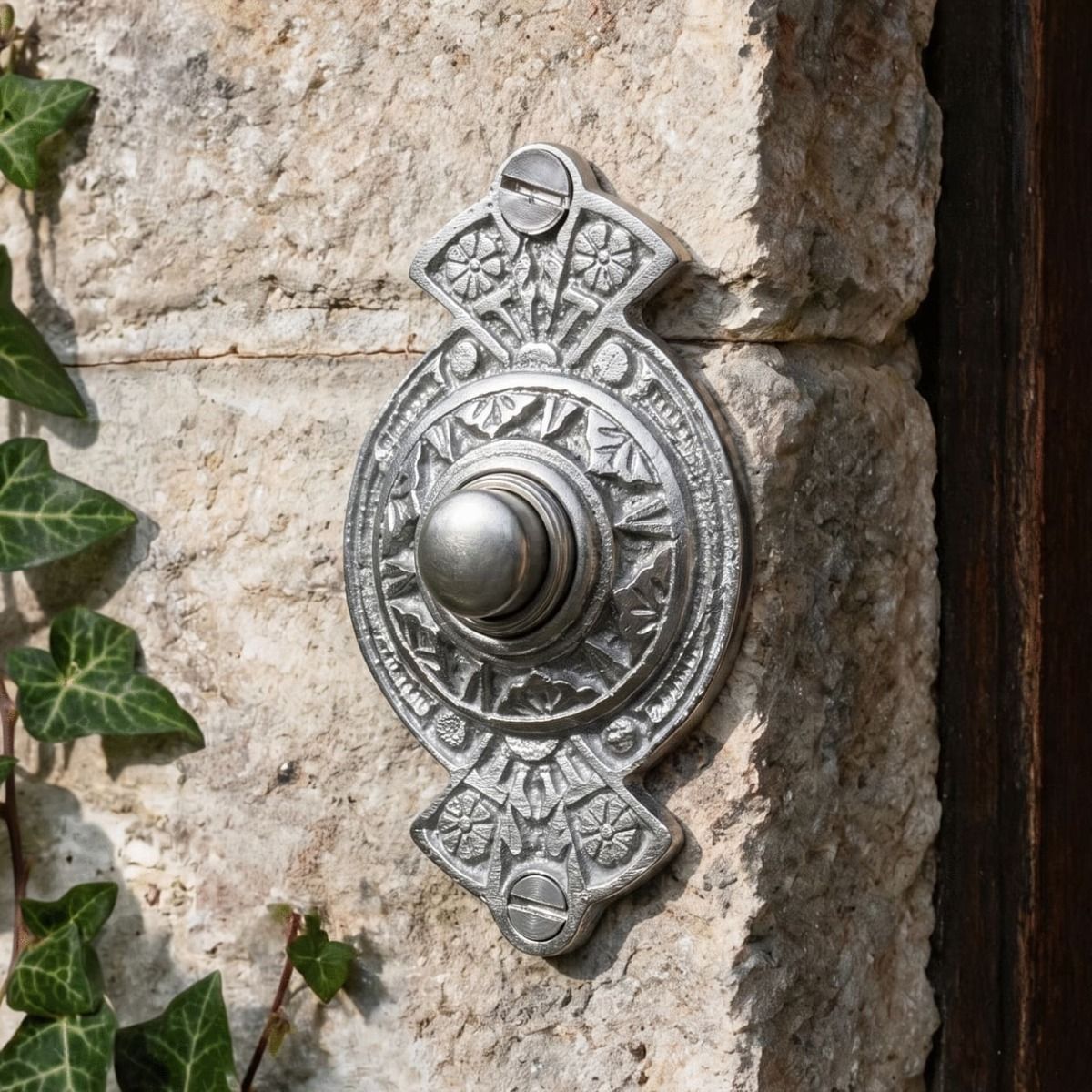 The “Hampern Close” Brushed Chrome Decorative Bell Push on a Grey Stone Wall next to the Front Door of a Home - Digital Illustration