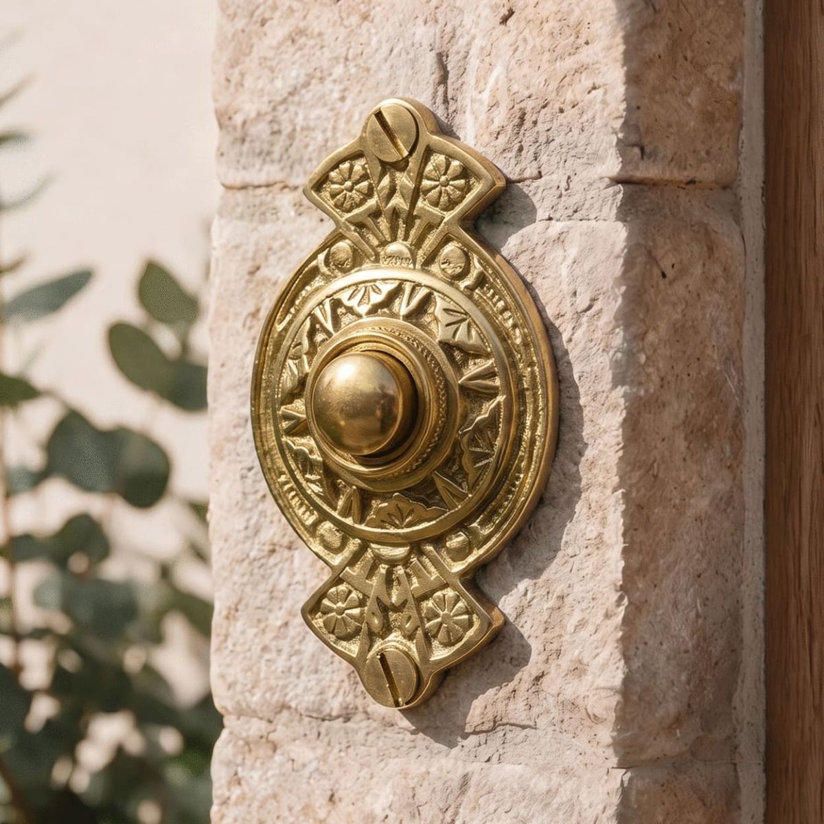 The “Hampern Close” Polished Brass Decorative Bell Push on a Stone Wall on the Front of a Country Home - Digital Illustration