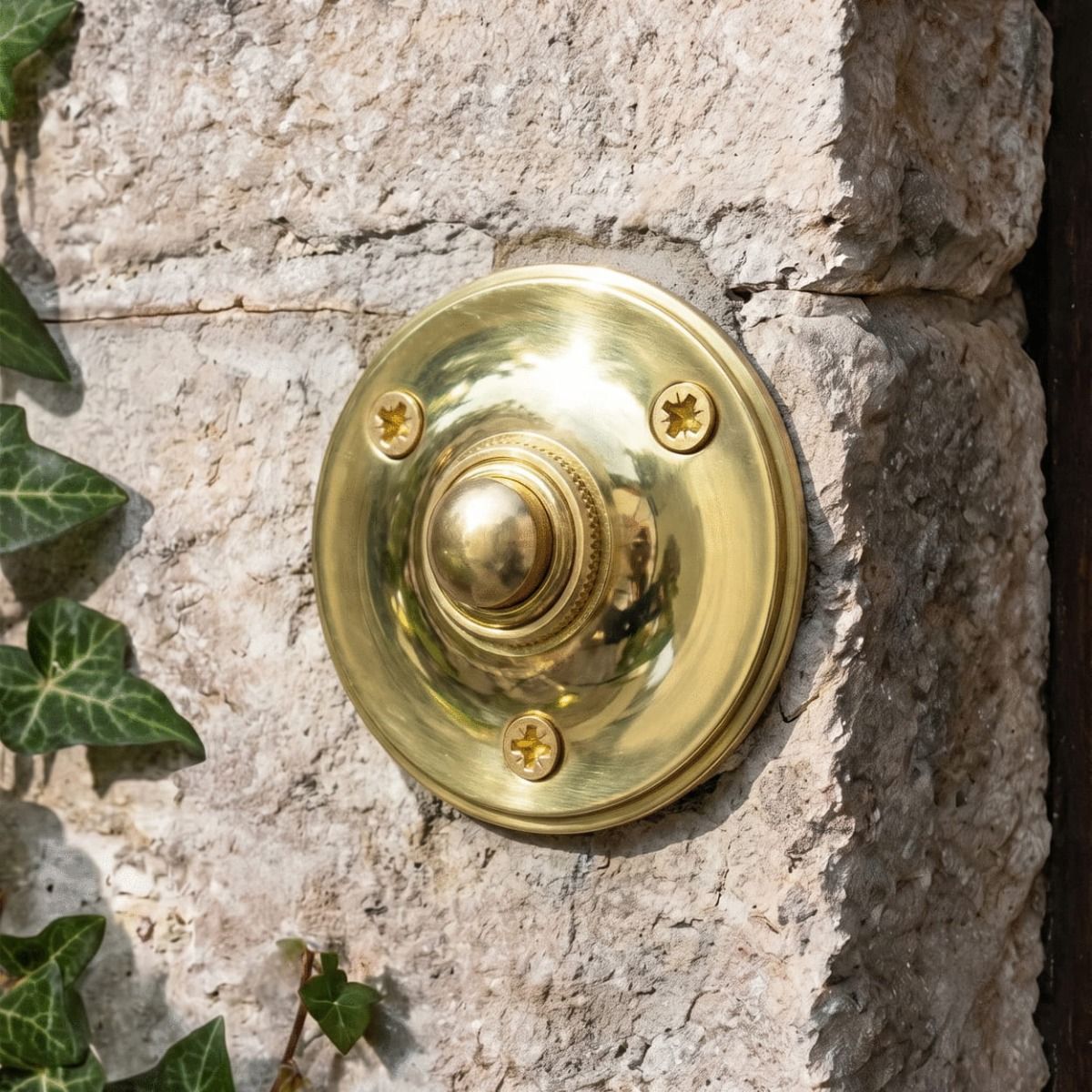 The Hawkhurst Round Bell Push on a Sunny Stone Wall Next to a Front Door - Digital Illustration