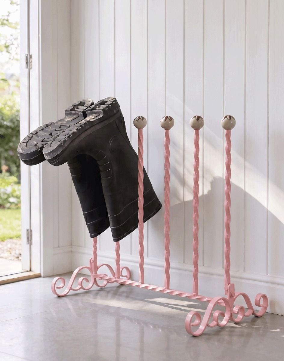 The Hazelbryn Pastel Pink 3 Pair Boot Rack Placed In a Contemporary Wooden Cottage Porch - Digital Illustration 