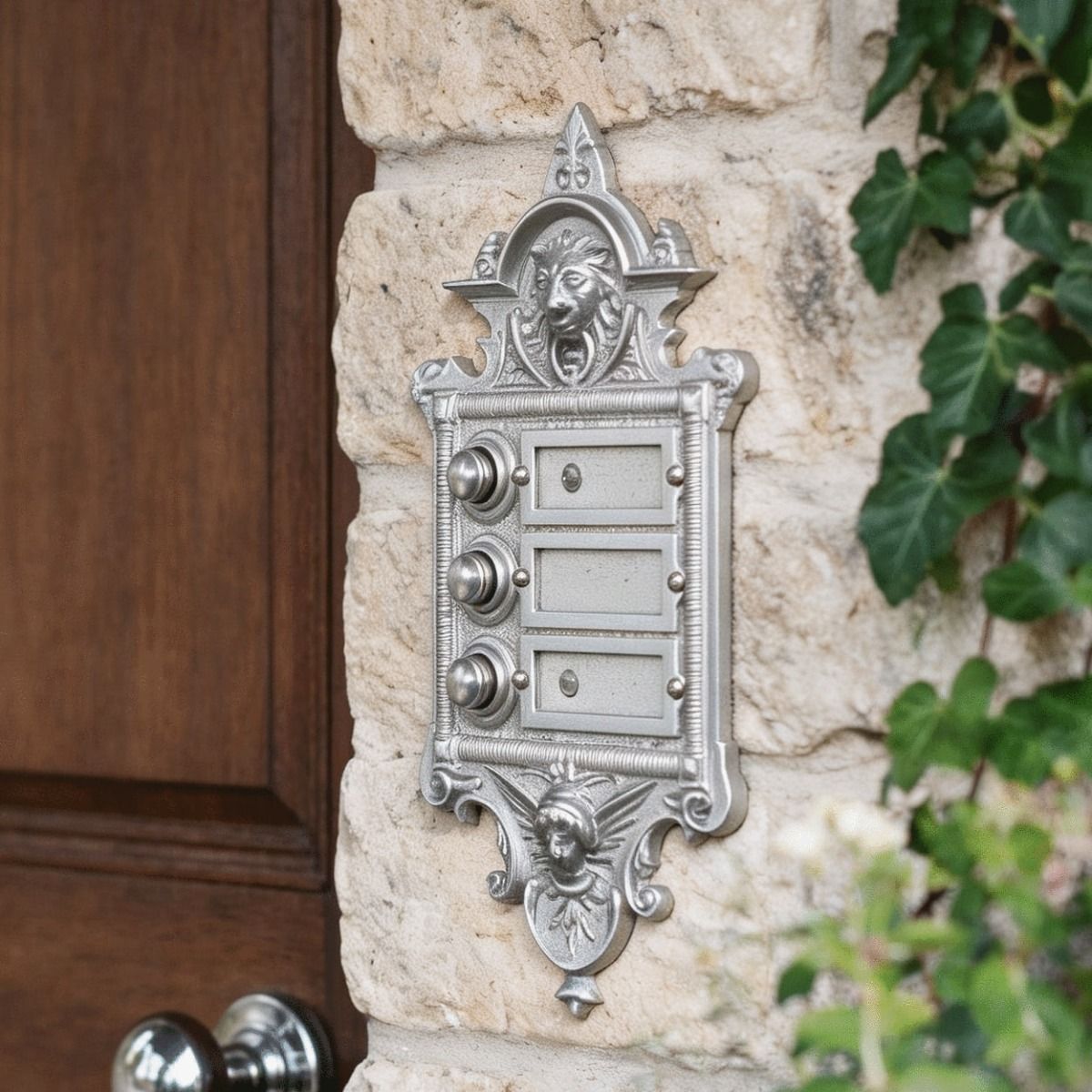 The “Hazeldon Park" Satin Chrome Apartment Bell Push on a White Stone Wall next to a Front Door - Digital Illustration
