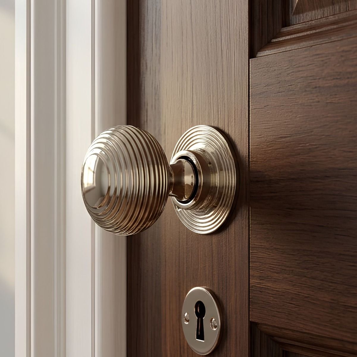 The Heavy Duty Nickel Beehive Door Knobs on a Wooden Door above a matching Key hole - Digital Illustration 