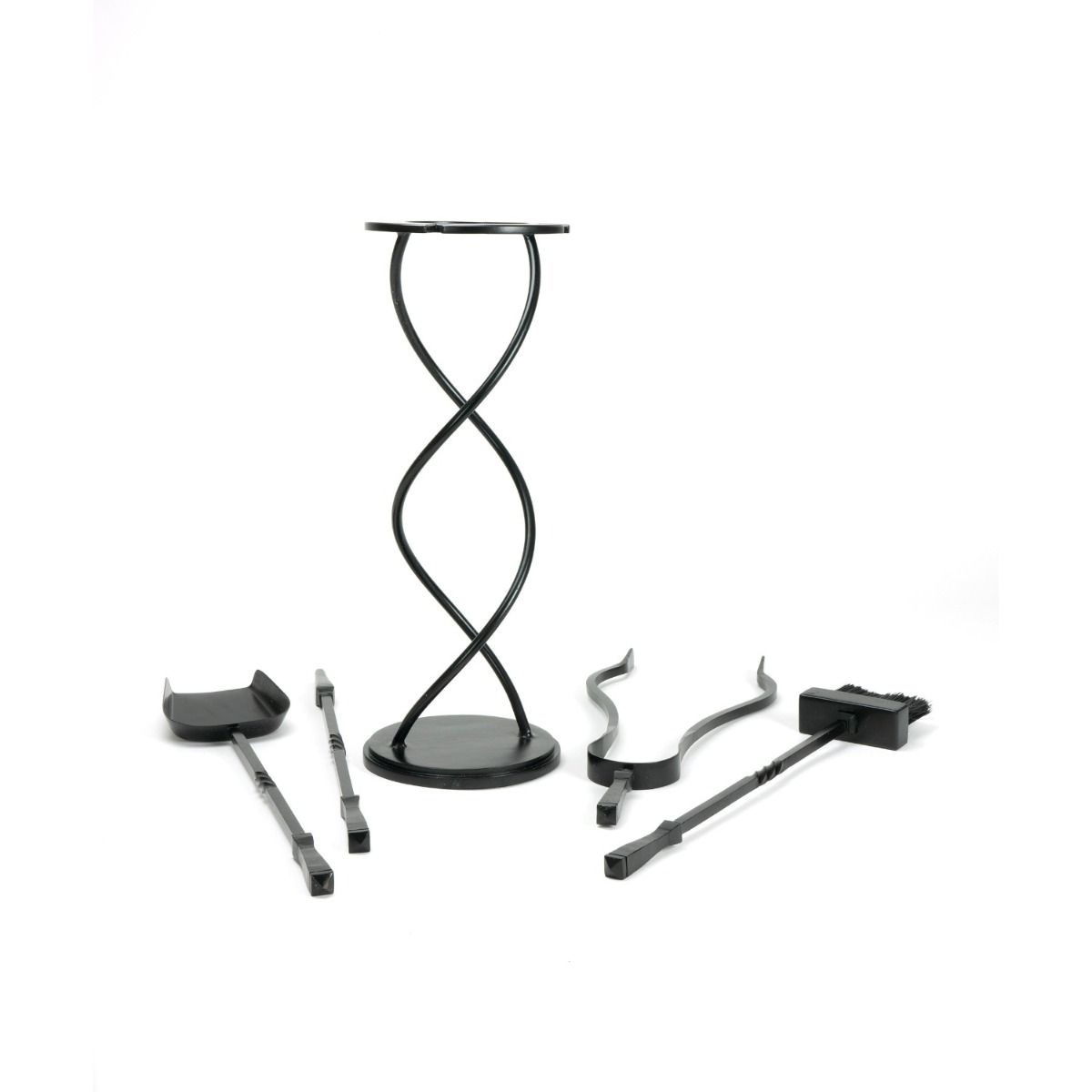 The Helix Fireside Companion Set with Classic Handles in Matt Black Shown laid out on a White Background