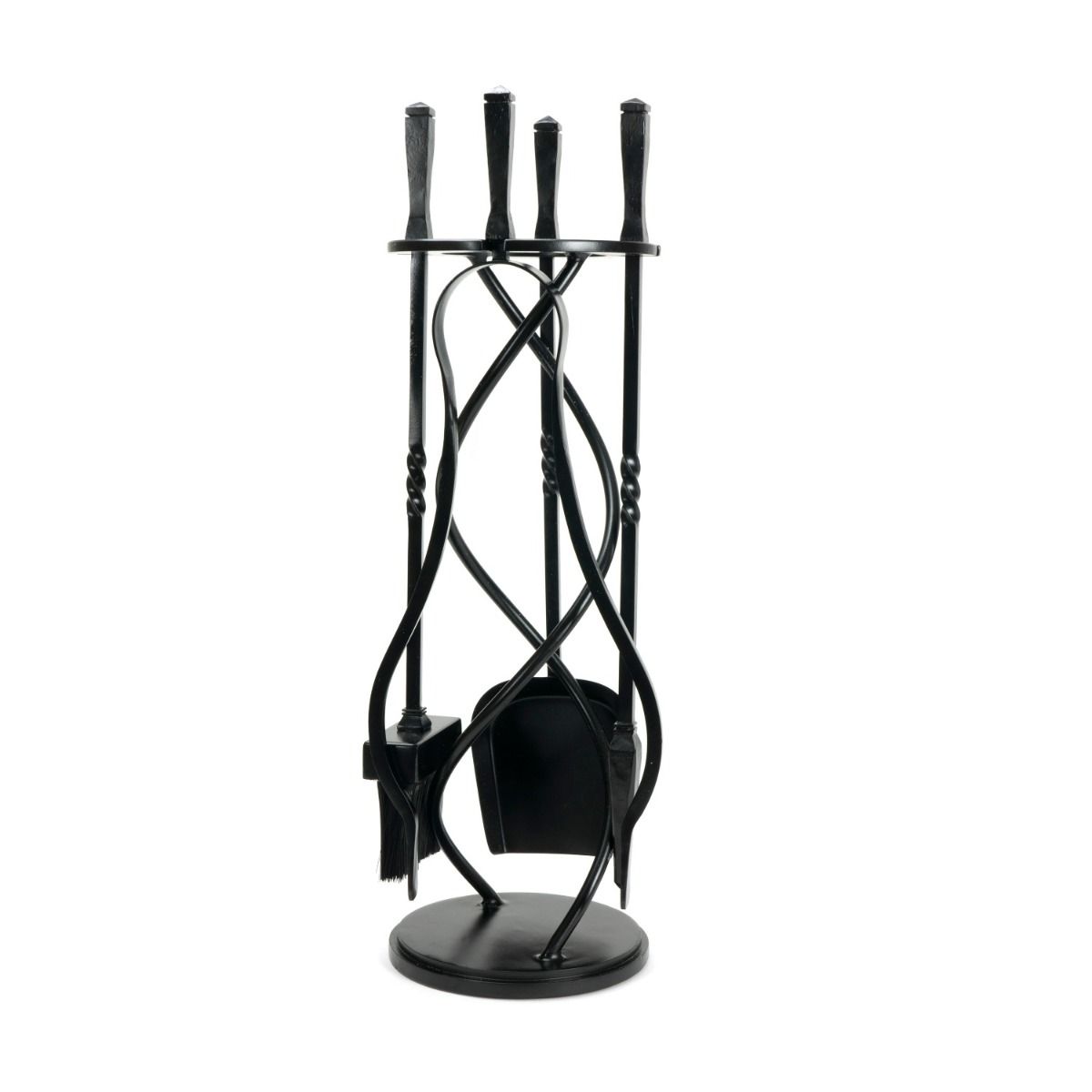 The Helix Fireside Companion Set with Classic Handles in Matt Black Shown Stood up on a White Background