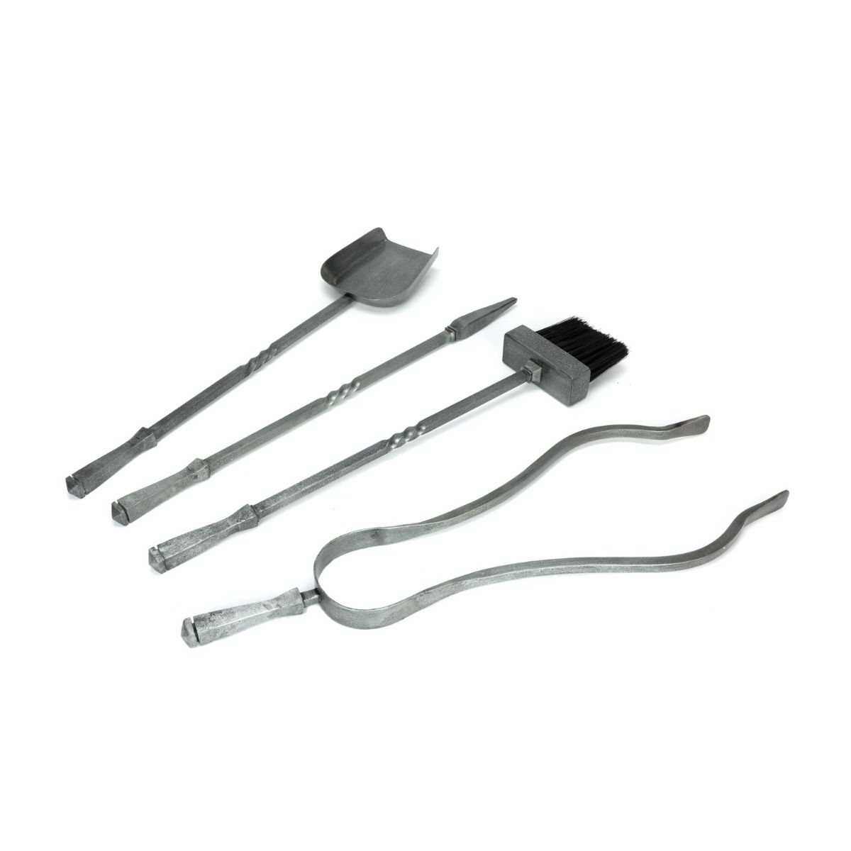 The Helix Fireside Companion Set with Classic Handles in Pewter Showing the Included Tools