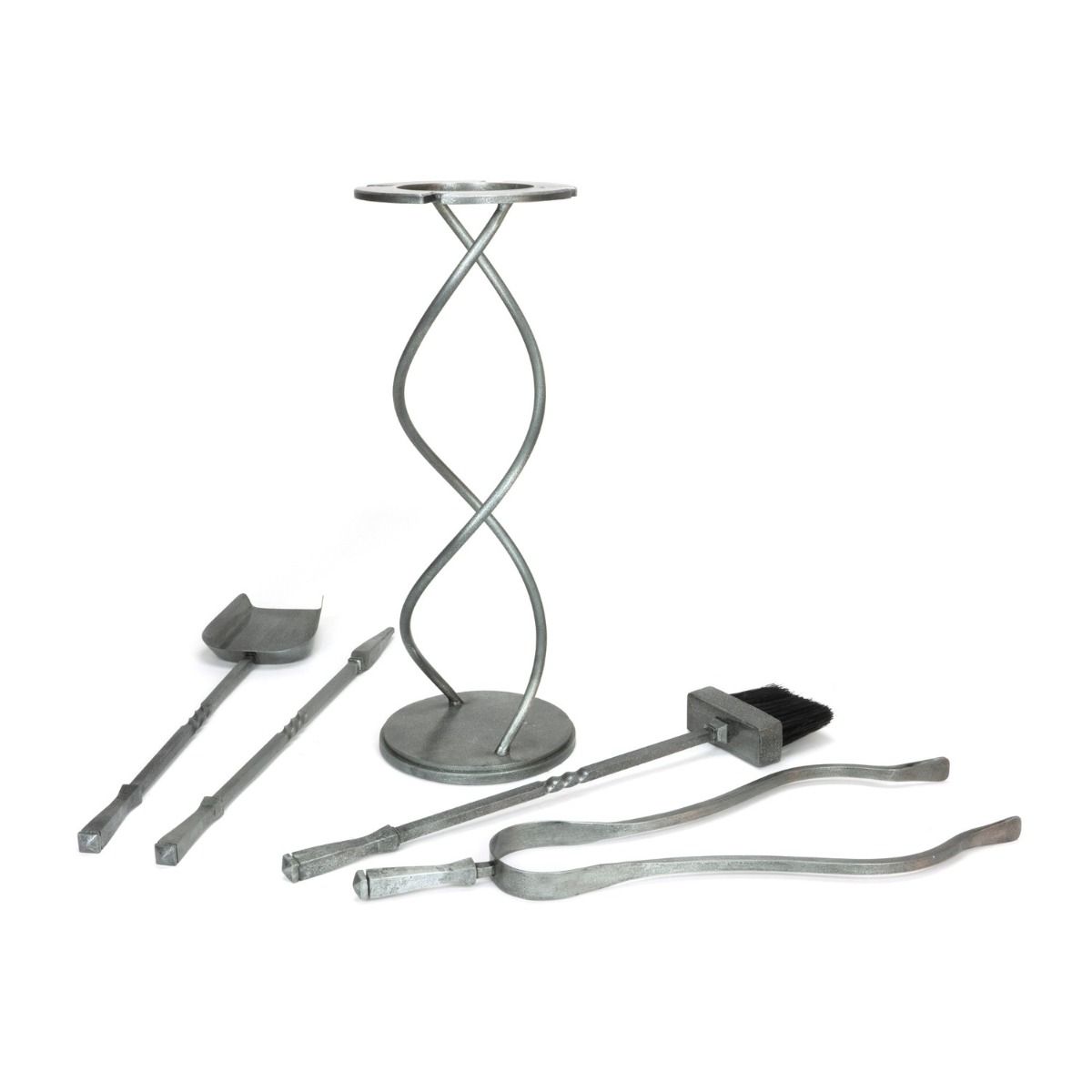 The Helix Fireside Companion Set with Classic Handles in Pewter Shown laid out on a White Background