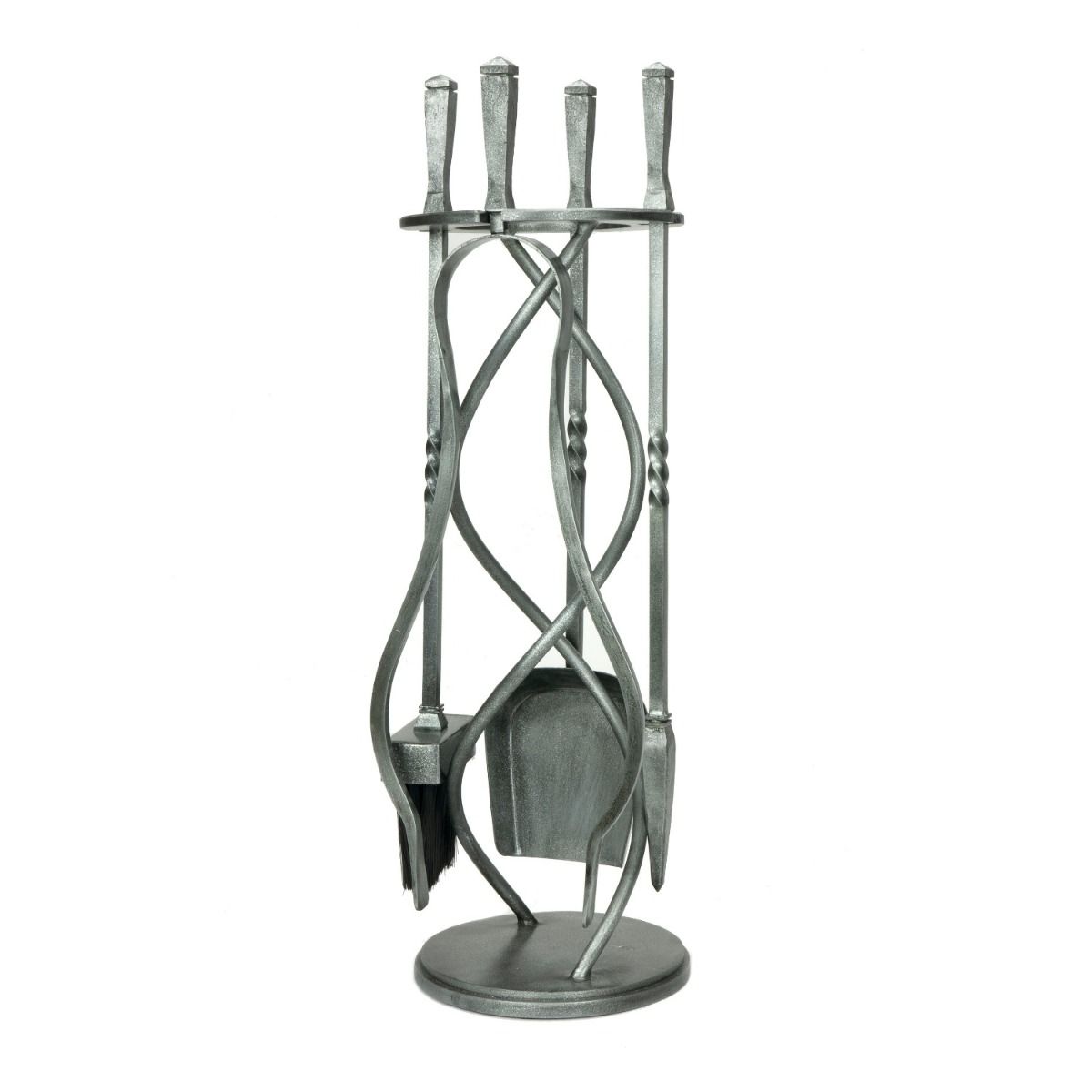 The Helix Fireside Companion Set with Classic Handles in Pewter Shown Stood up on a White Background