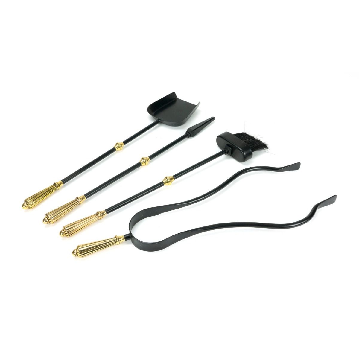 The Helix Fireside Companion Set with Golden Reeded Handles in Matt Black Showing the Included Tools