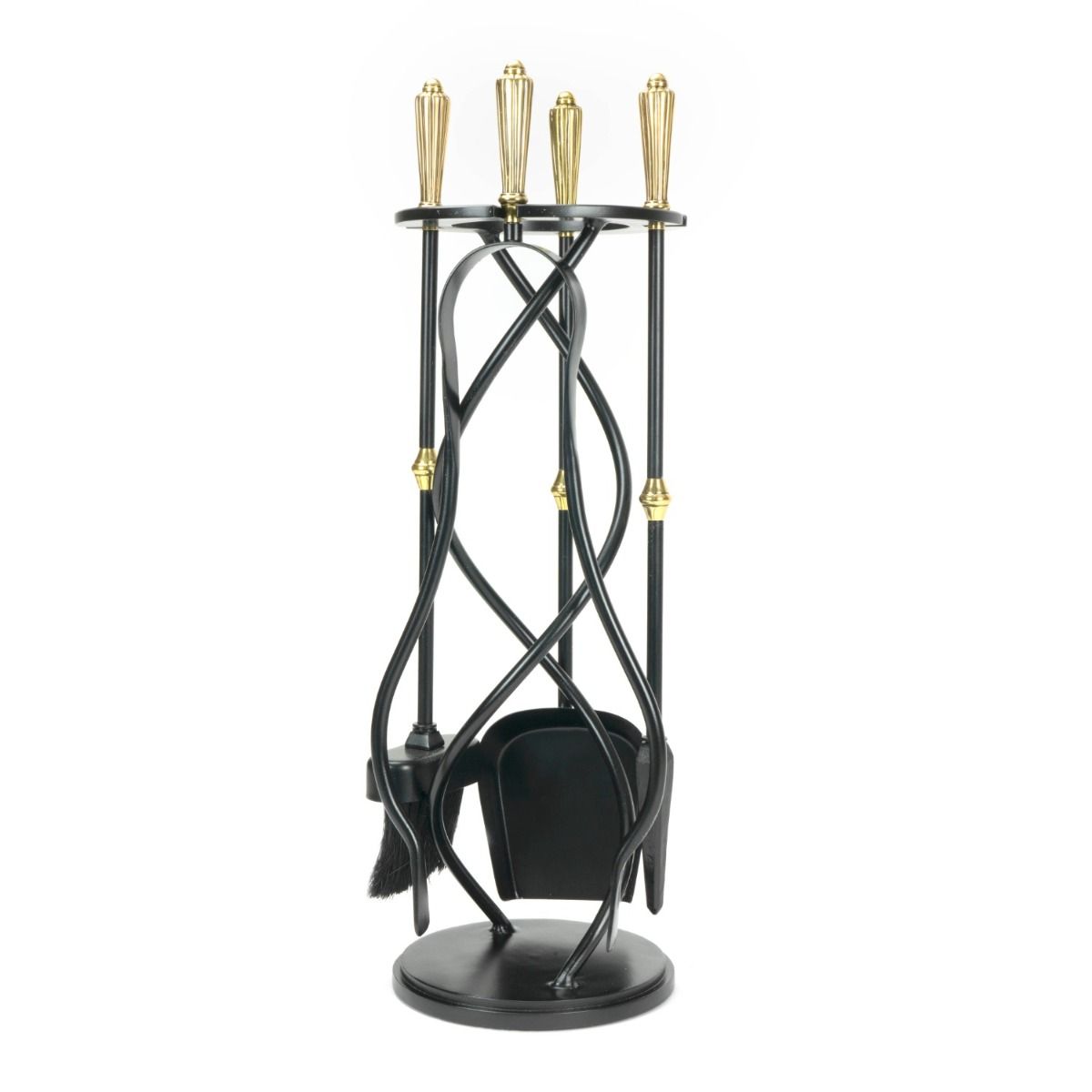 The Helix Fireside Companion Set with Golden Reeded Handles in Matt Black Shown Stood up on a White Background