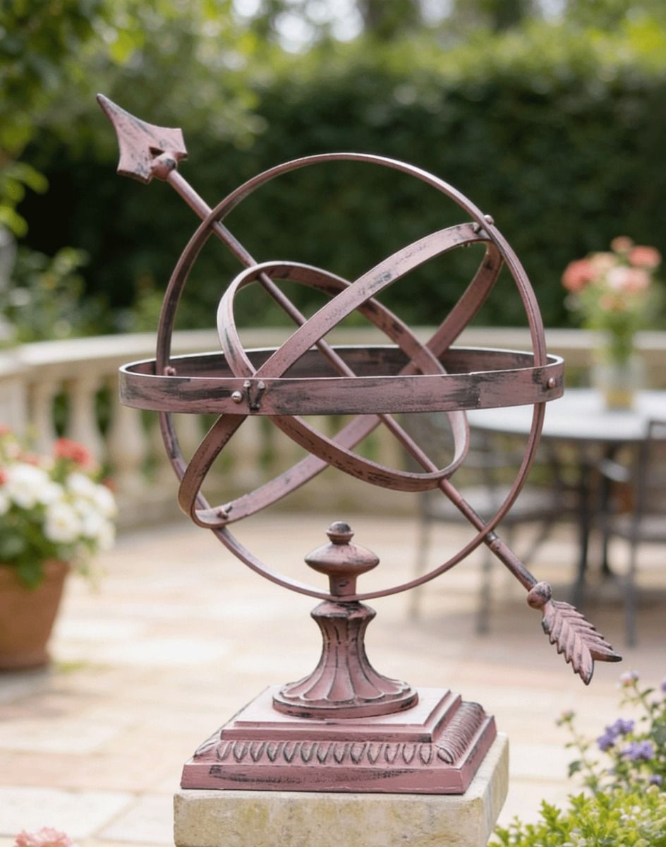 The "Hemispherian" Armillary with Squared Base Design on a Garden Wall Next to a Veranda - Digital Illustration