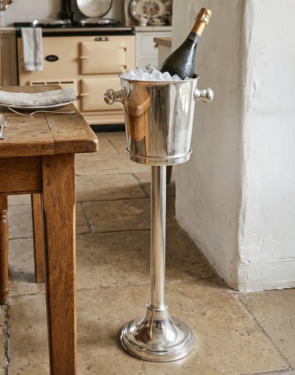 The Highbury Court Genuine Silver Plated Deluxe Wine & Champagne cooler with Stand in a Classic Country Kitchen - Digital Illustration