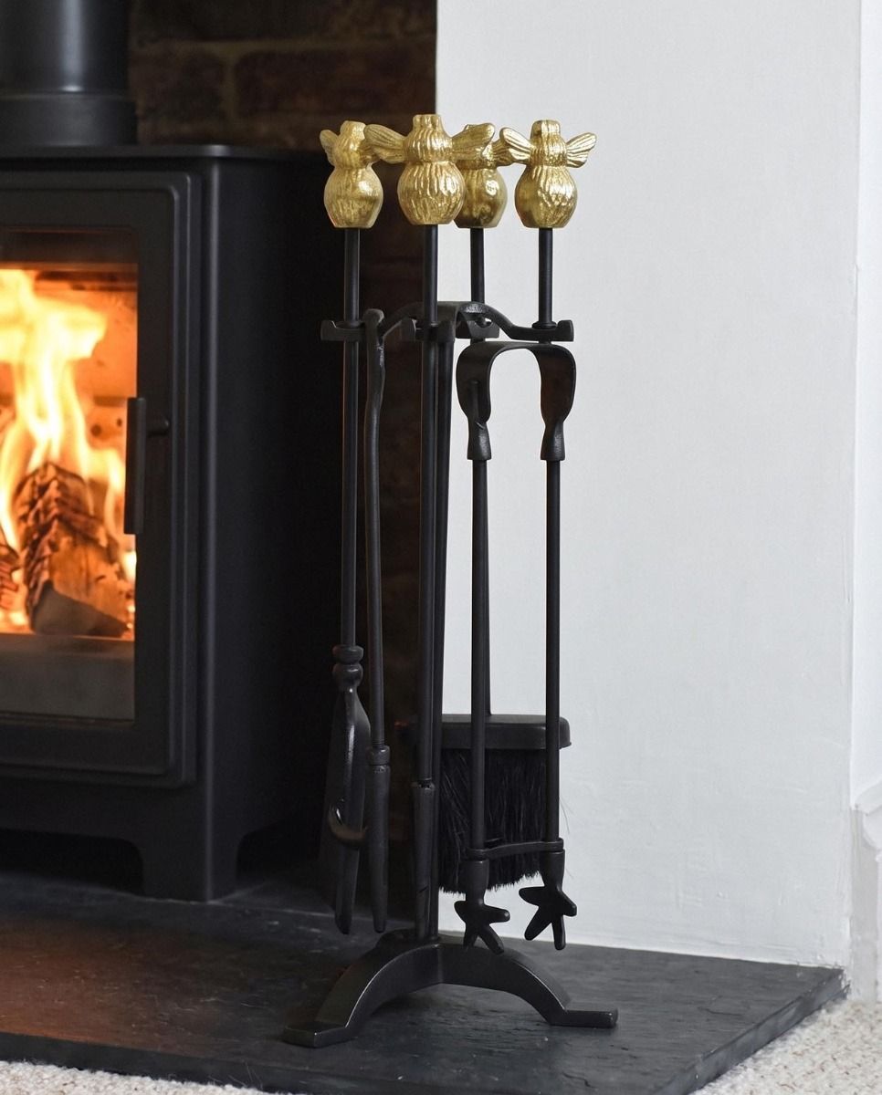 The "Honeypot Manor" Fireside Companion Set in a Modern Interior Setting next to a Log Burner Stove - Digital Illustration 