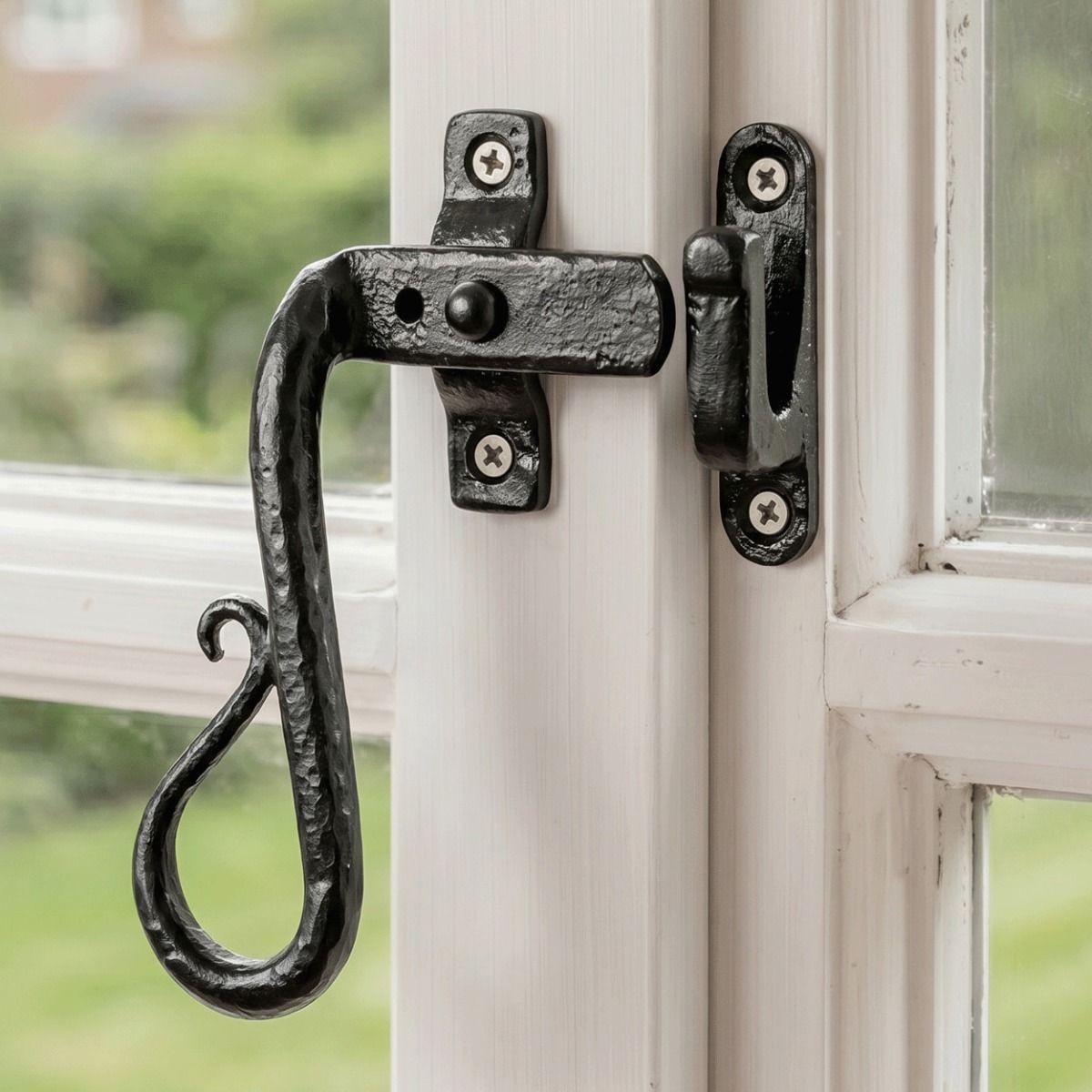 The Hook Plated Black Iron Casement Stay Mounted on a Handpainted White Wooden Window Frame - Digital Illustration 