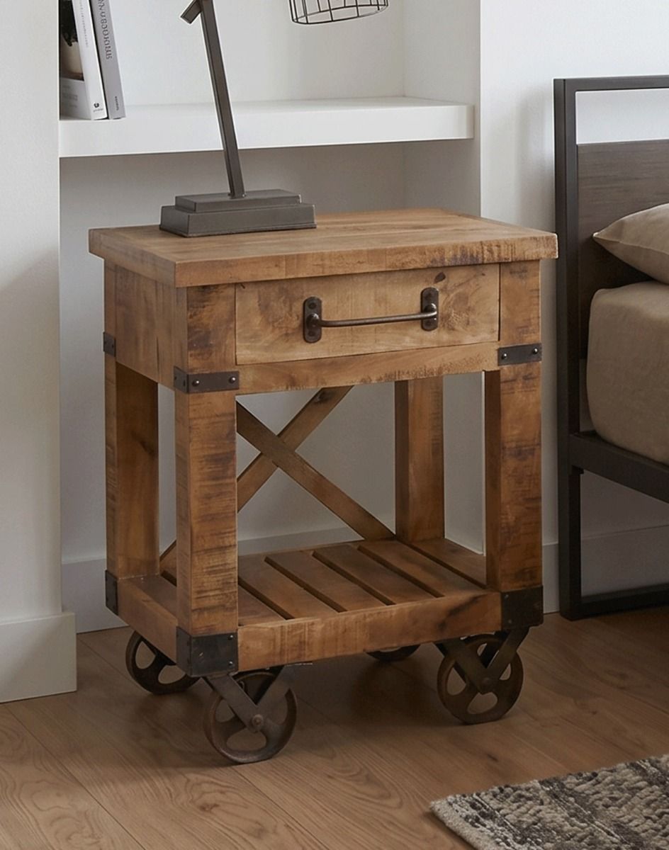 The Industrial Bedside Drawers With Wheels in a Luxurious Bedroom with a Lamp on Top - Digital Illustration 