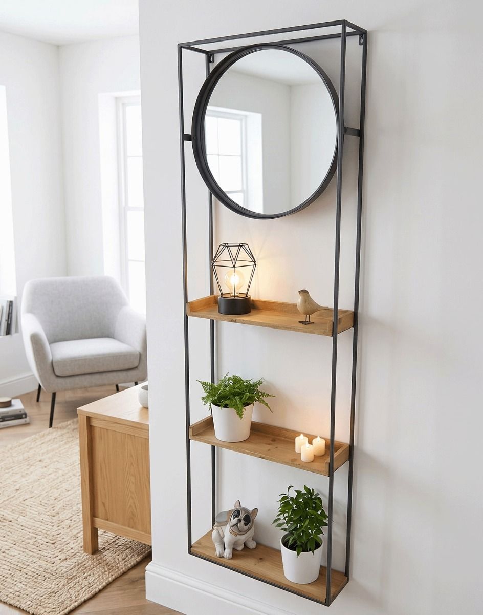 The Industrial Fir Wood & Metal Wall Unit with Mirror Displayed in a Modern White Living Room - Digital Illustration