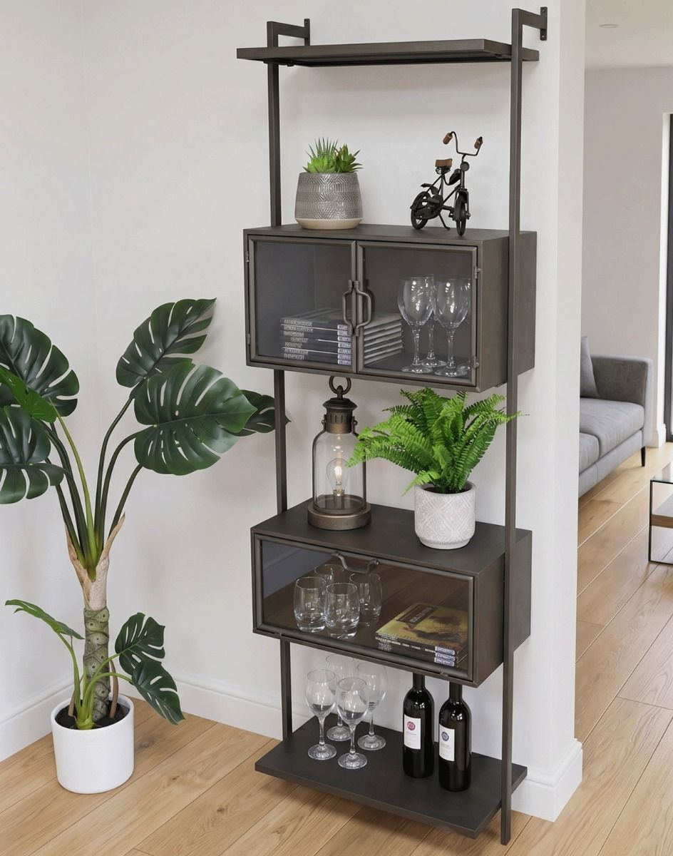 The Industrial Free Standing Wall Unit Next to a White Wall in a Living Room Space next to a Plant - Digital Illustration 