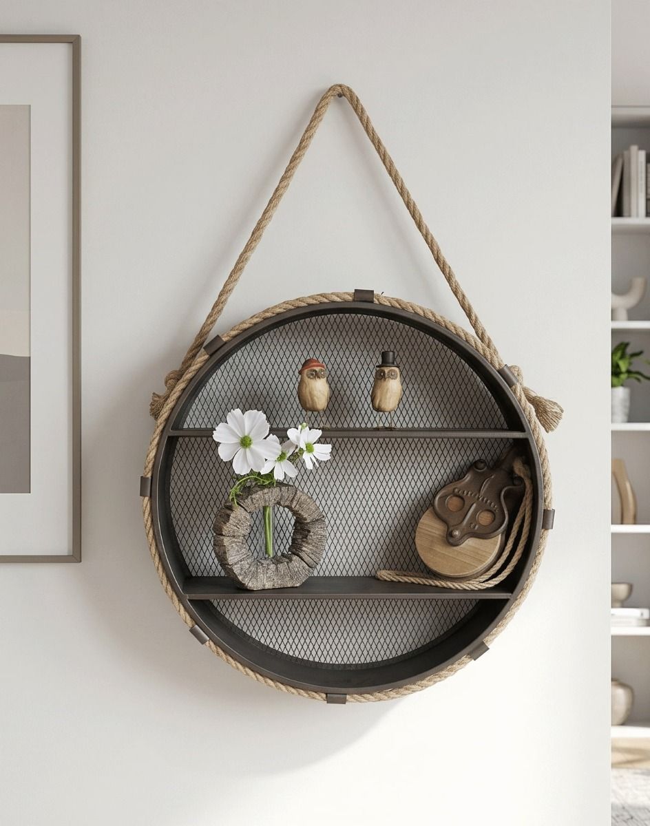 The Industrial Hanging Wall Shelves Unit Hung up on a White Wall in a Modern Home Displaying Ornaments