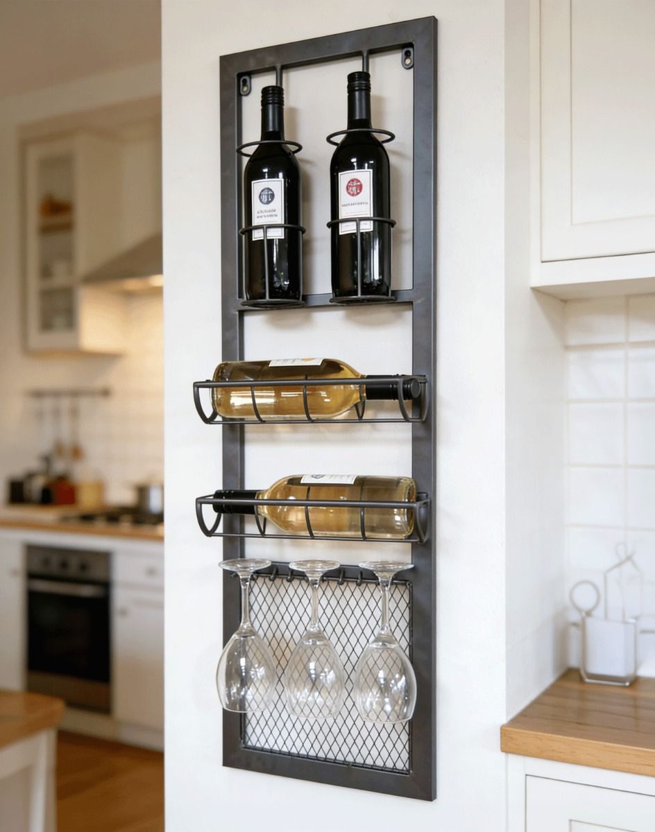 The Industrial Iron Wine Bottle & Glass Holder on a White Kitchen Wall in a Modern Home - Digital Illustration 
