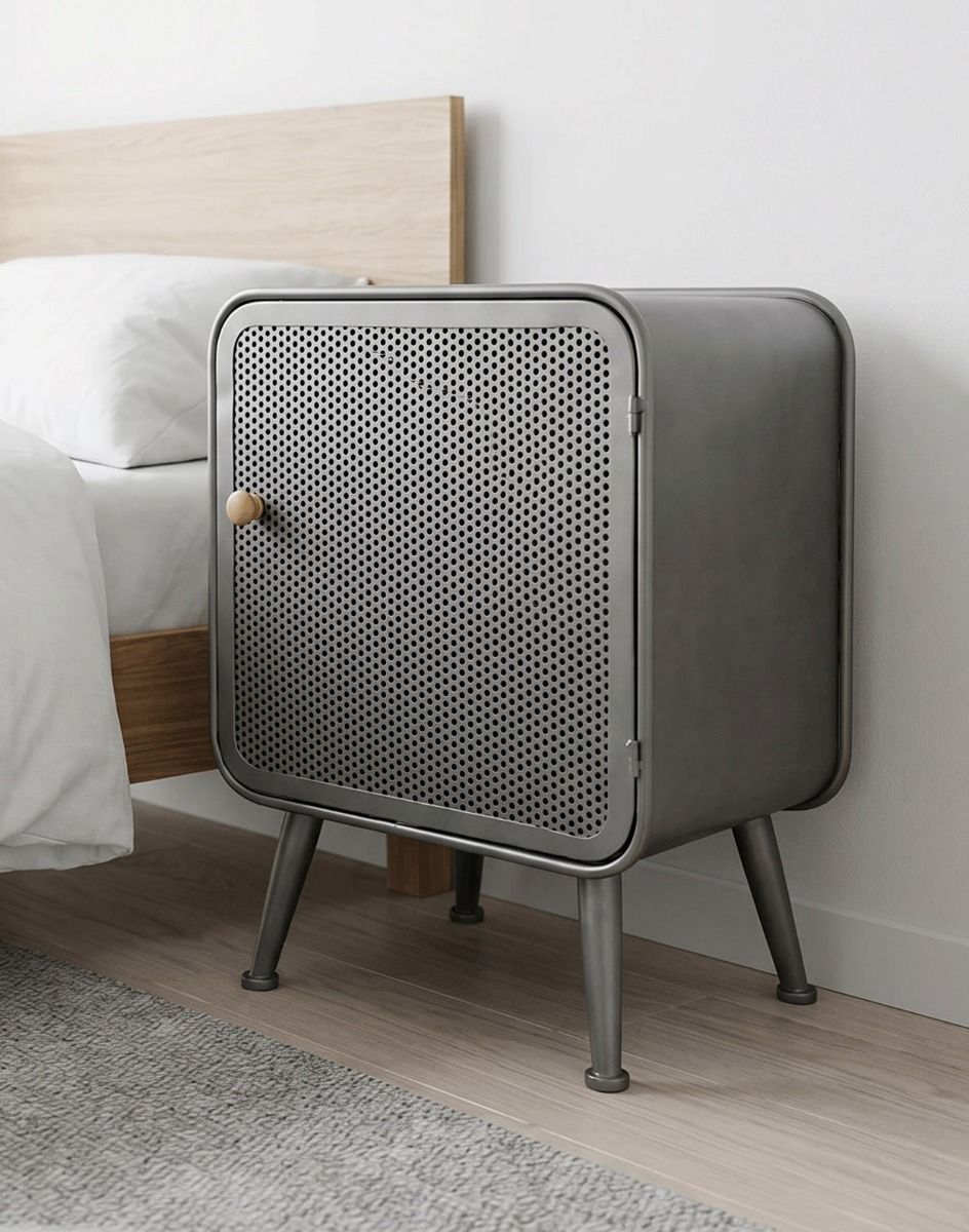 The Industrial Mesh Bedside Cabinet with Wooden Handle on a Vinyl Floor Bedroom next to a White Linen Bed - Digital Illustration