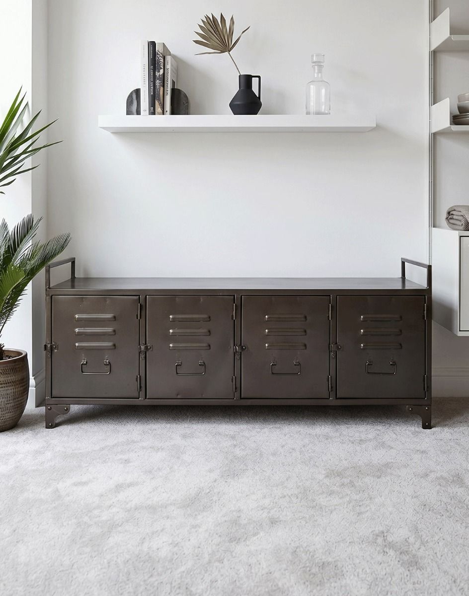 The Industrial Metal Locker Side Cabinet Positioned in a White Living Room with Four Compartments - Digital Illustration