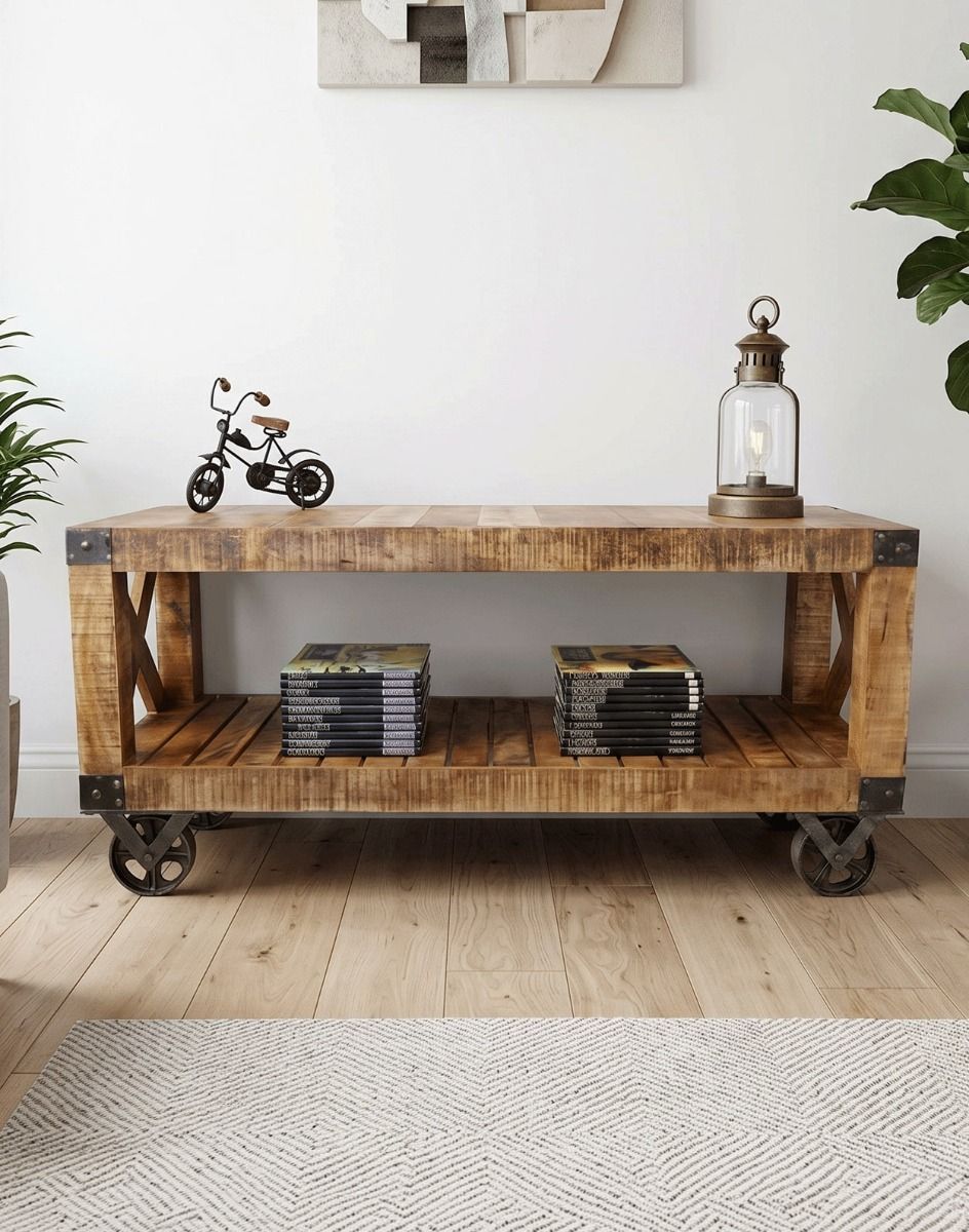 The Industrial TV cabinet with Wheels Shown in. a Modern Living Room Used to Display books and other Ornaments - Digital Illustration