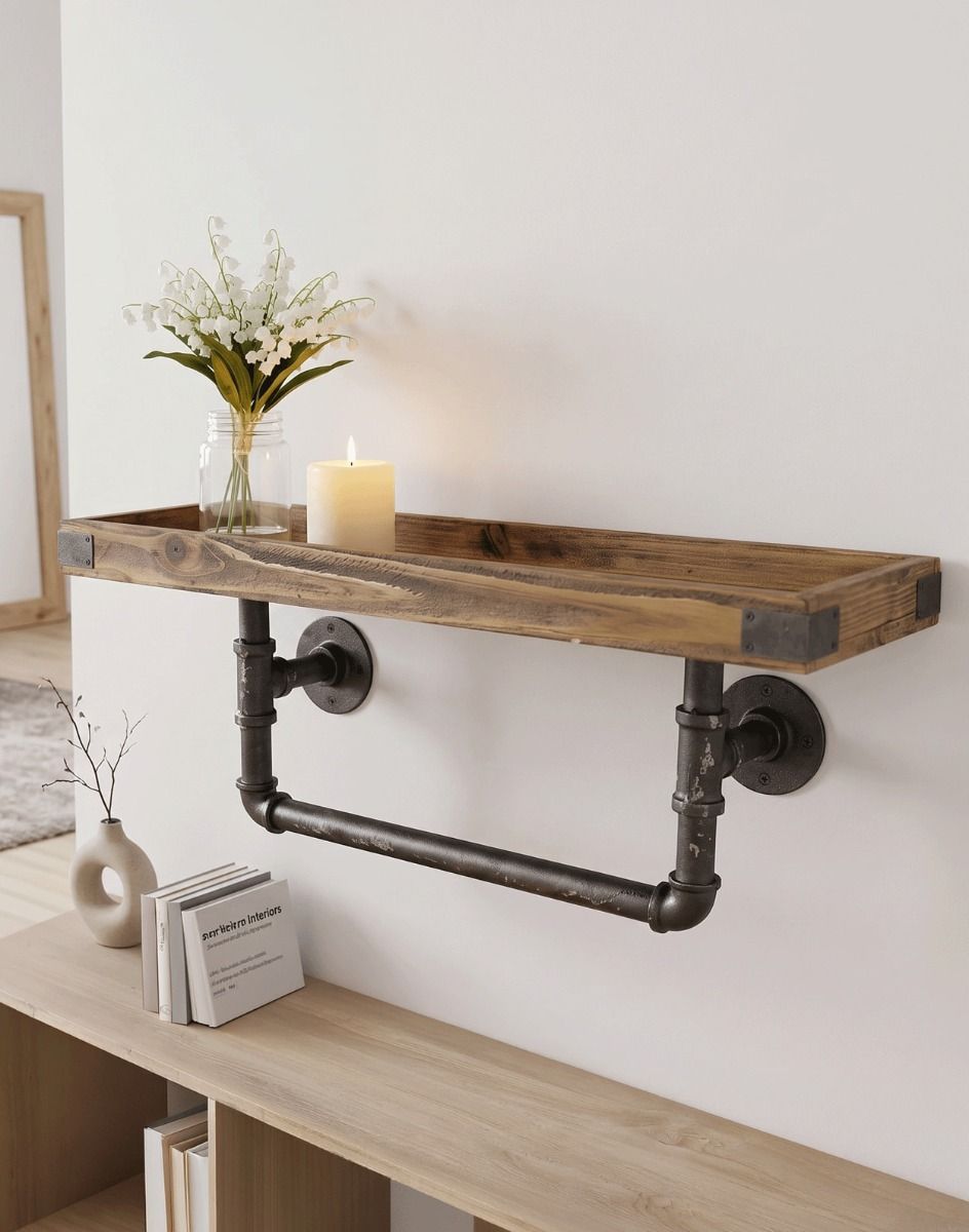 The Industrial Water Pipe Shelf Mounted on a White Coloured Interior Wall with a Lit Candle - Digital Illustration