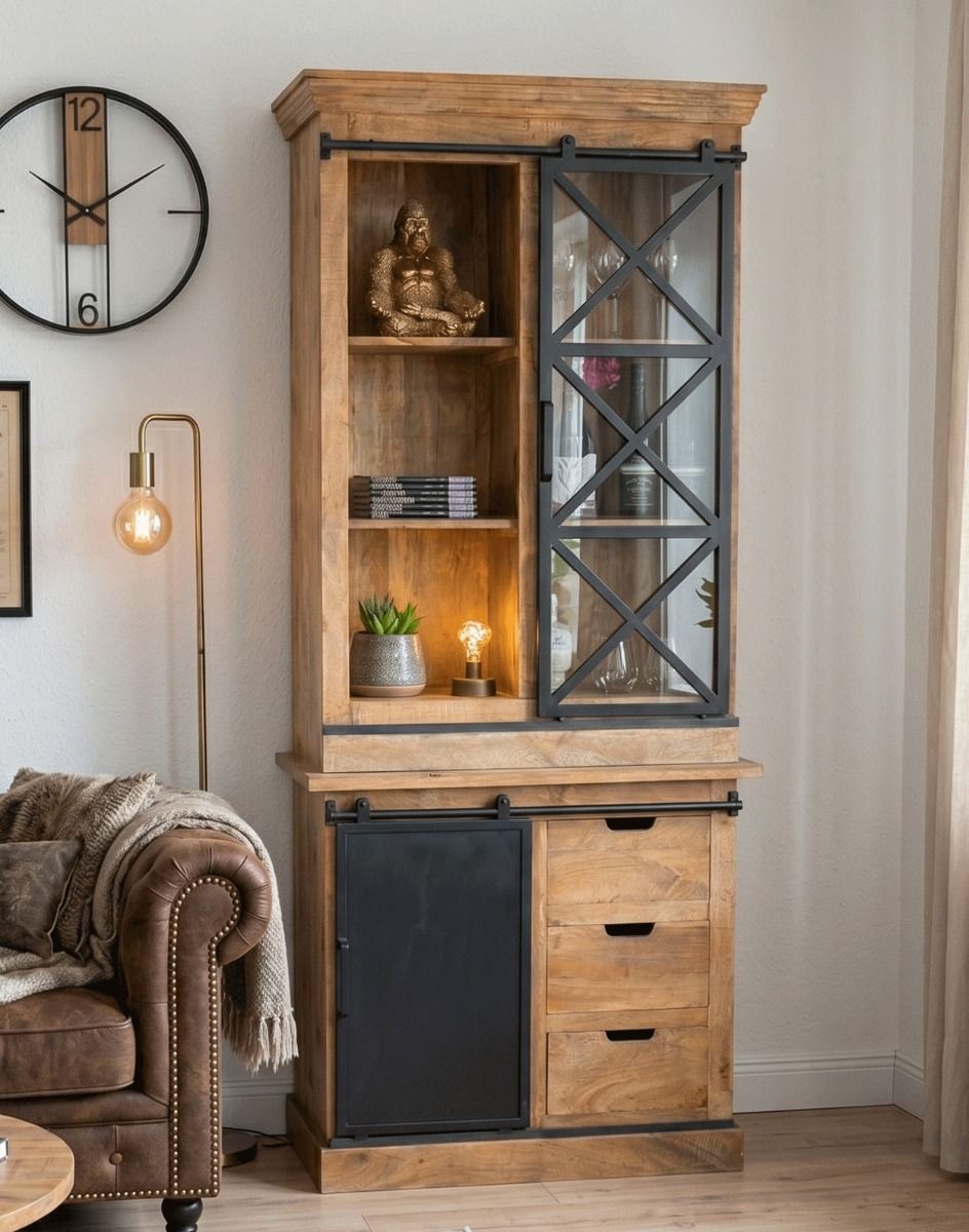 The Industrial Wood & Iron Tall Cabinet in a Cosy Modern Living Room - Digital Illustration 